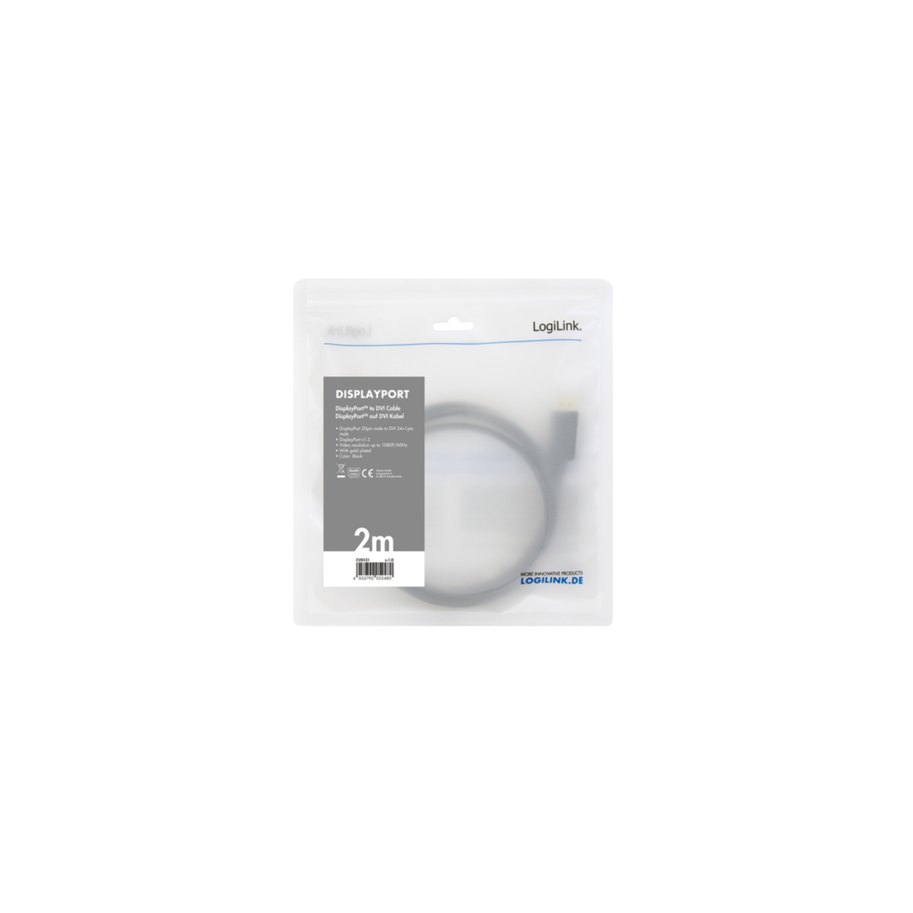 Kabel DisplayPort w plastikowym opakowaniu na białym tle. Kabel jest czarny.