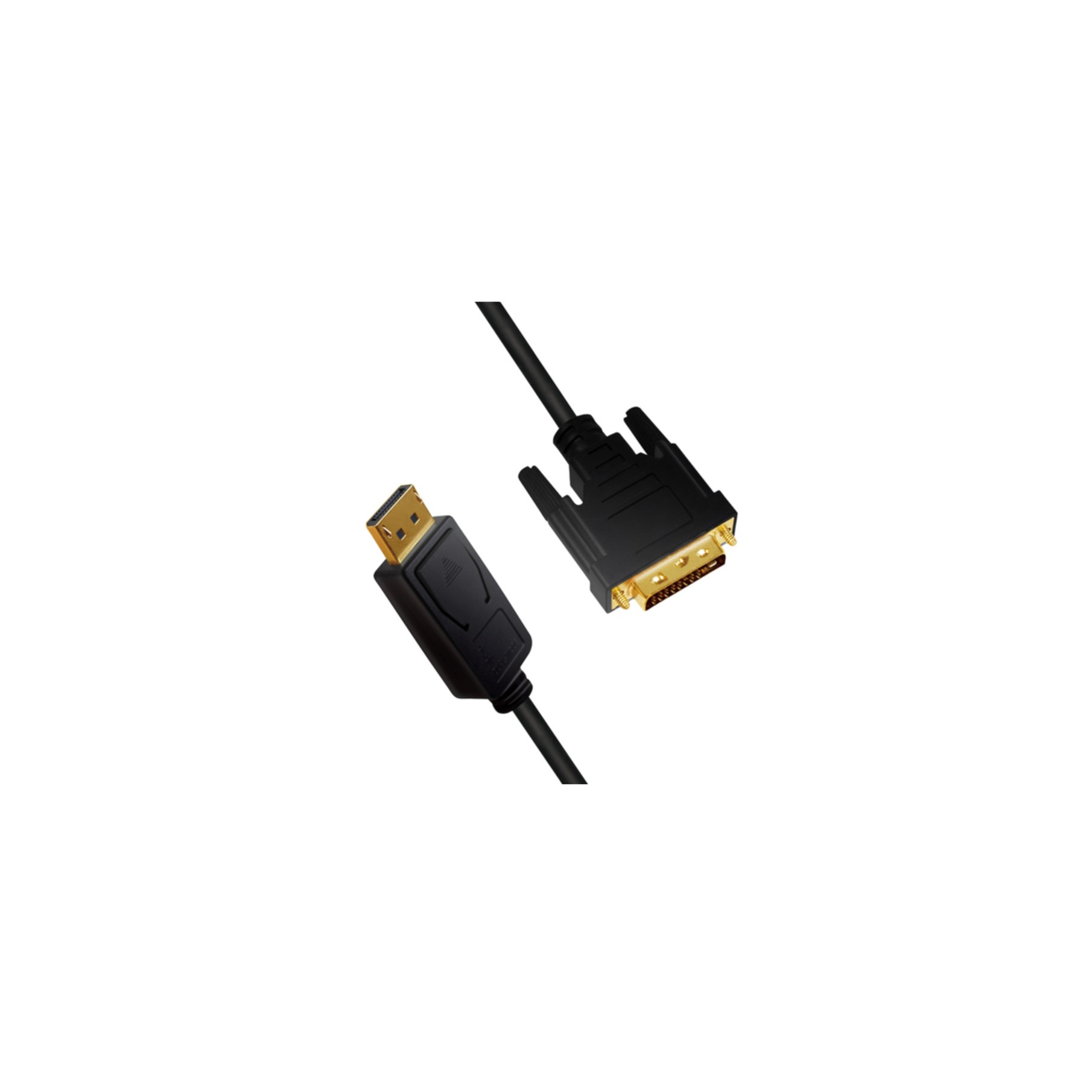 Czarny kabel DisplayPort do DVI, ze złączami na każdym końcu widocznymi na białym tle.