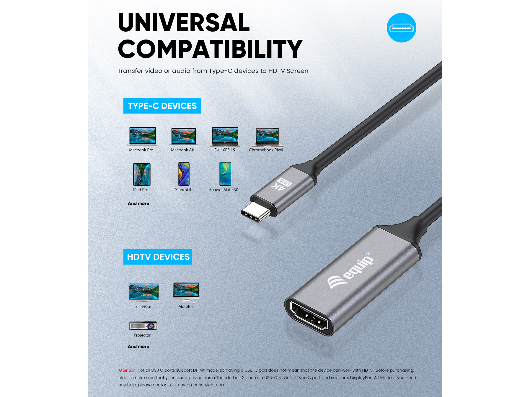 Cable USB-C a HDMI negro y gris, con un portátil y un televisor como ejemplos.