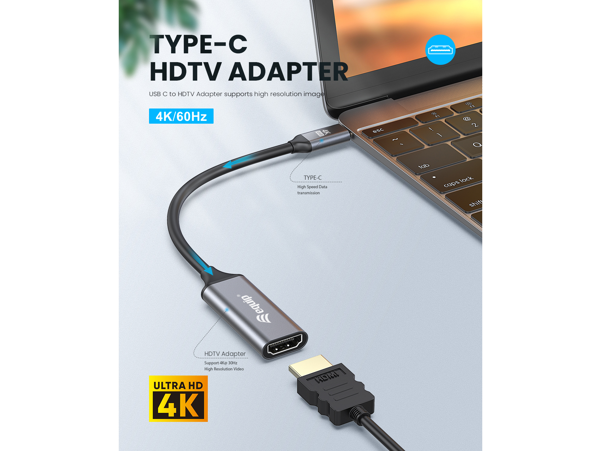 Cable adaptador HDMI a USB-C negro con las palabras 'Ultra HD 4K' y '4K/60Hz'.