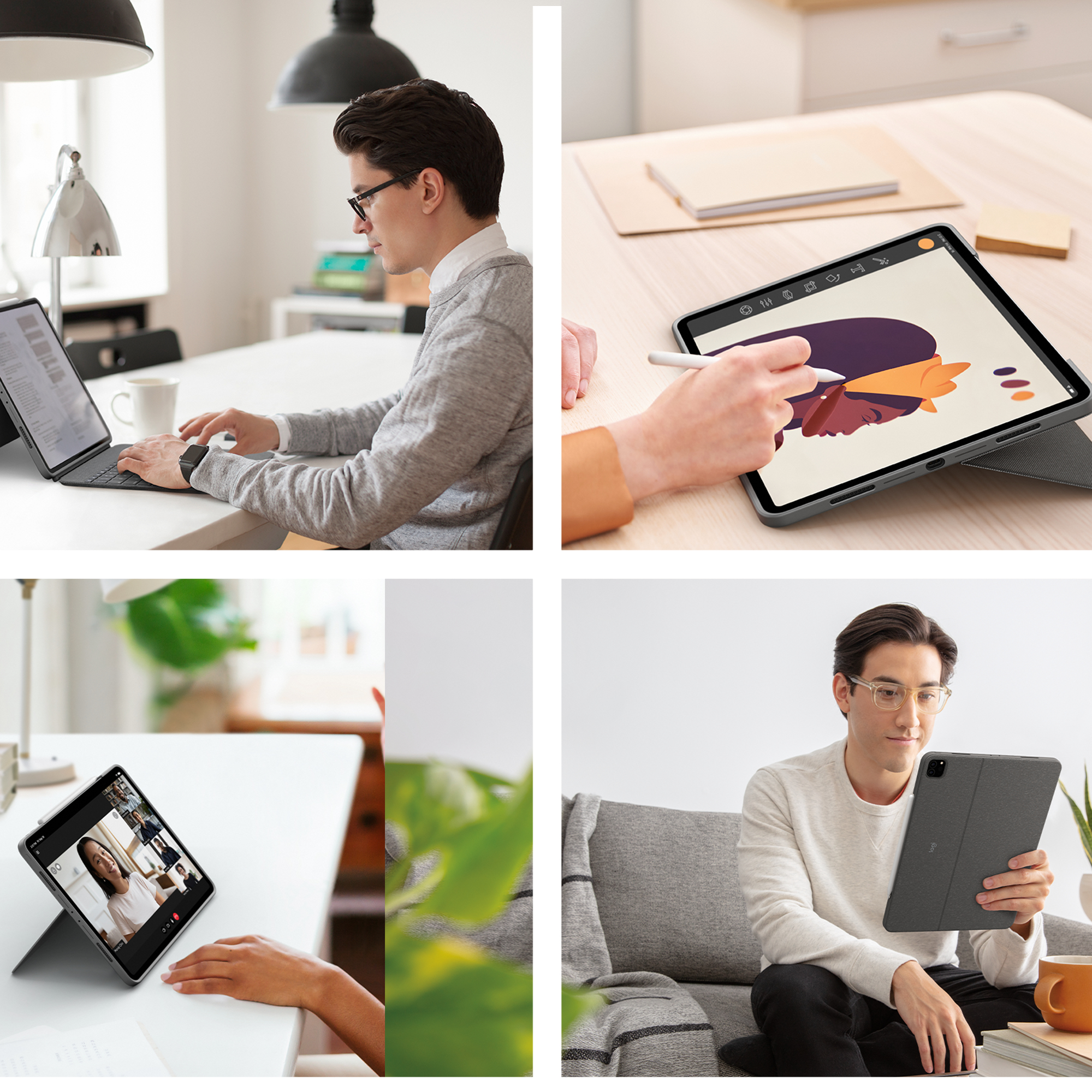 Cuatro imágenes que muestran a personas usando tabletas para trabajar y entretenerse.