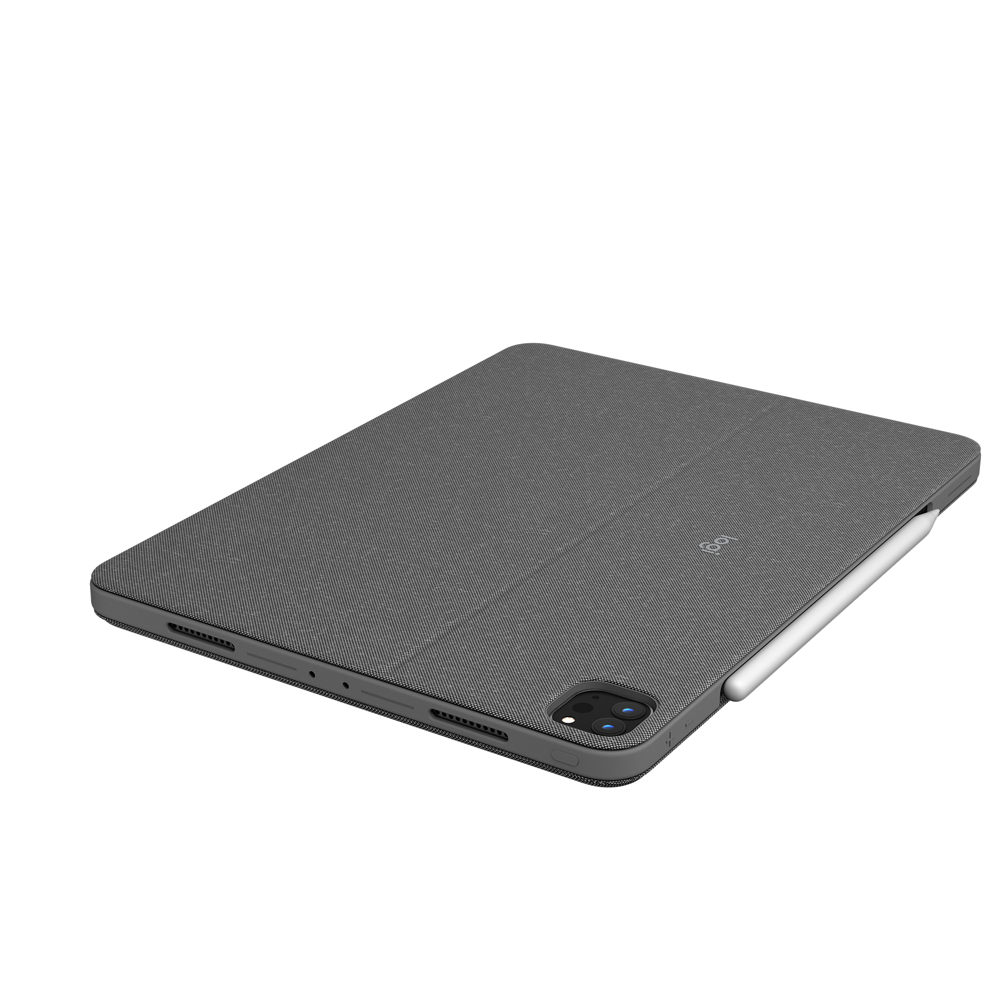 Funda gris para tableta con lápiz. La funda está cerrada, con el logotipo visible arriba.