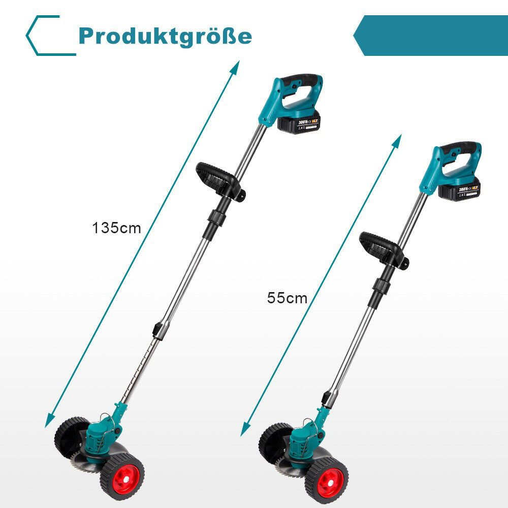 Zwei Rasenmäher vor weißem Hintergrund, mit Höhenangaben.