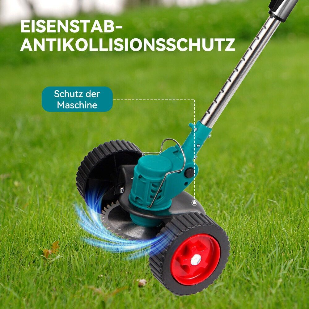 Rasenkantenschneider in Grün und Silber. Es hat zwei Räder und eine Klinge, auf grünem Gras.
