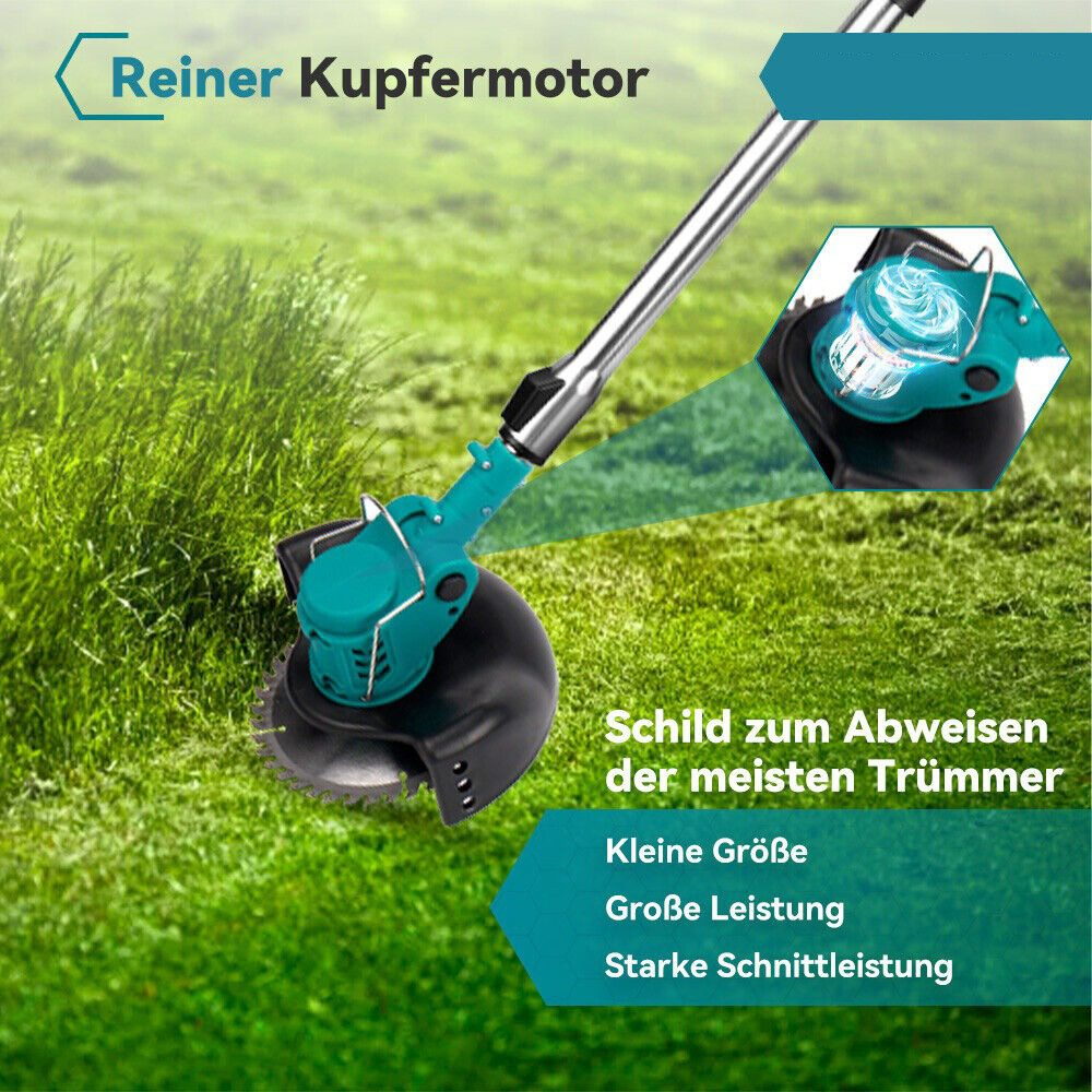 Ein Rasenkantenschneider schneidet Gras. Text sagt: Schild zum Abweisen von Trümmern, kleine Größe und starke Leistung.