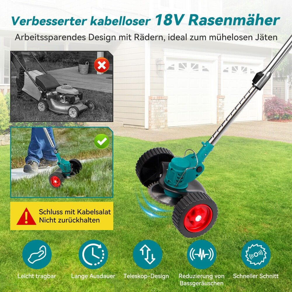 Grüner und roter Rasenmäher mäht Gras. Grünes Gras und weiße Häuser sind im Hintergrund.
