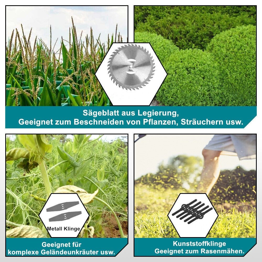 Vier Bilder mit verschiedenen Klingen für Gartenarbeit und Rasenpflege.