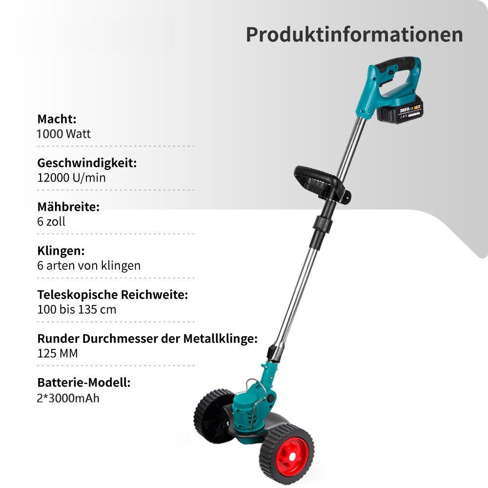 Ein Rasentrimmer mit Spezifikationen. Text enthält Leistung, Geschwindigkeit, Schnittbreite und Klingeninfos.