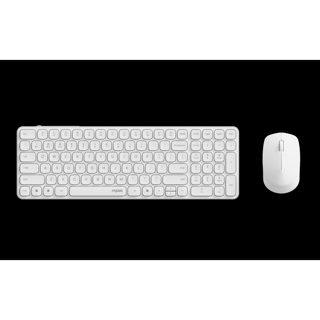 Teclado y ratón blancos sobre fondo negro. El teclado tiene muchas teclas.