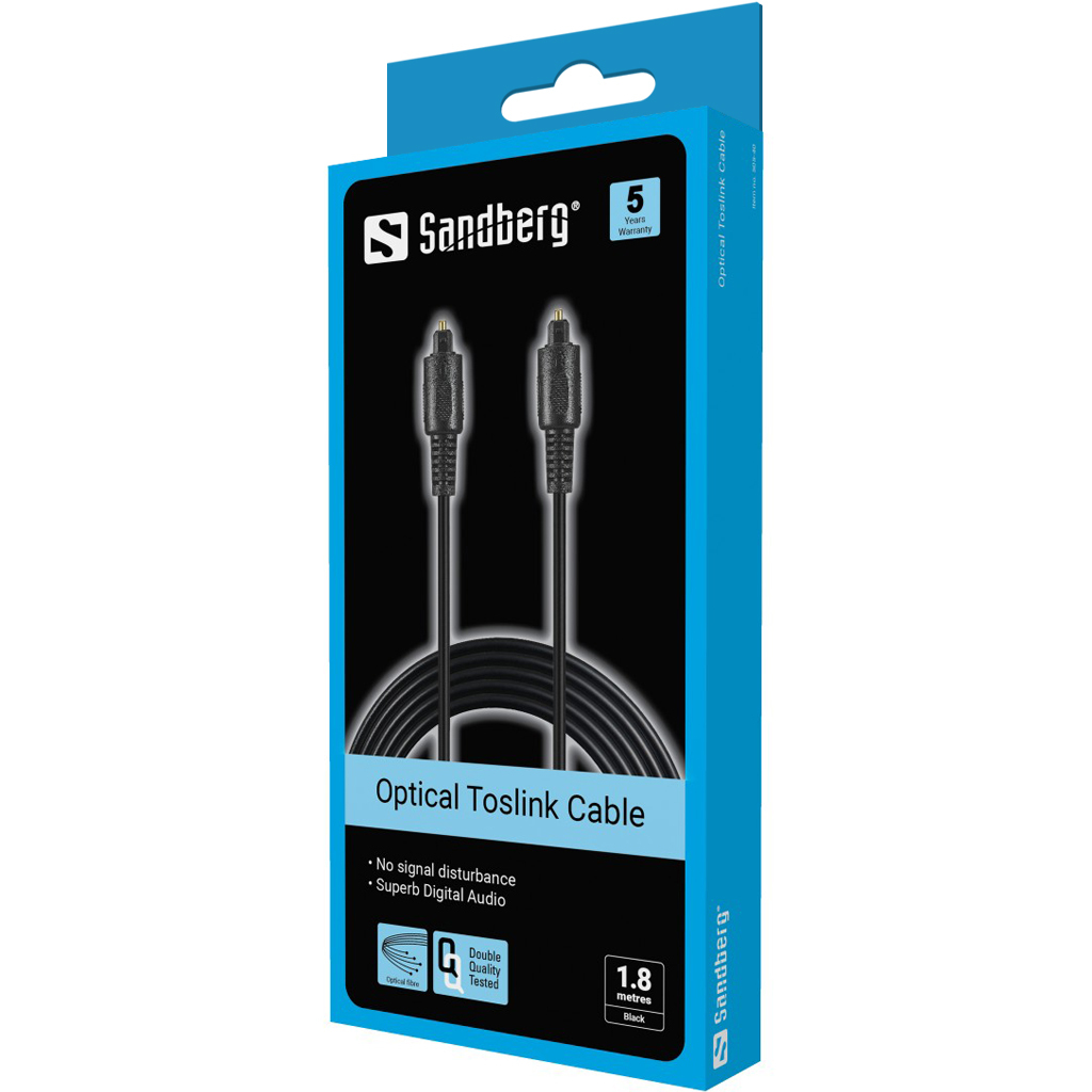 Confezione blu del cavo Sandberg Optical Toslink. Cavo nero visibile attraverso una finestra.