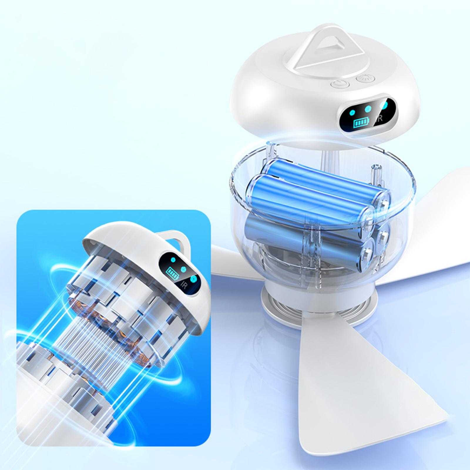 Weißer Ventilator, der das Innere mit Batterien und dem Motor zeigt, auf blauem Hintergrund.