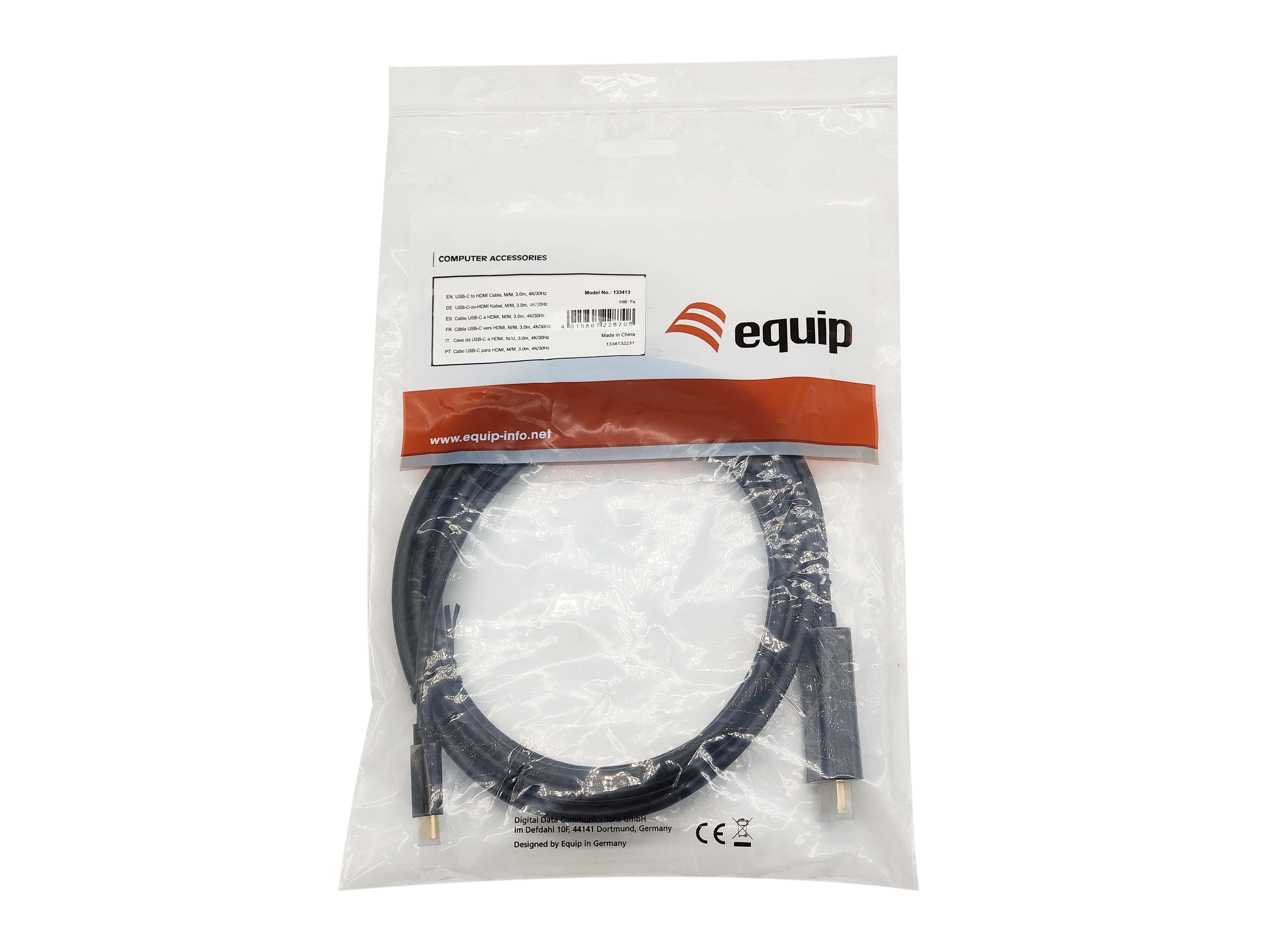 Una bolsa de plástico transparente contiene un cable negro con conectores. La marca está escrita en ella.