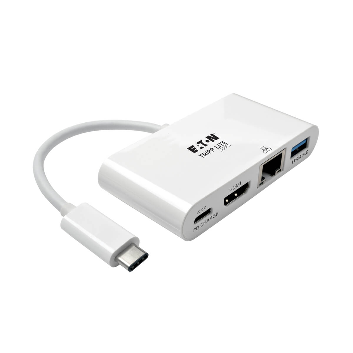 Biały adapter ma wiele portów: HDMI, USB 3.0, port USB-C i port Ethernet.