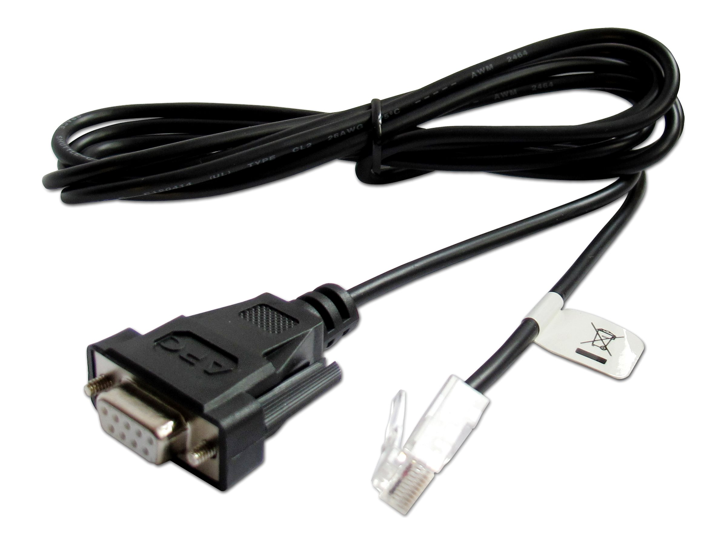 Cavo nero con connettore VGA e RJ45, isolato su sfondo bianco.