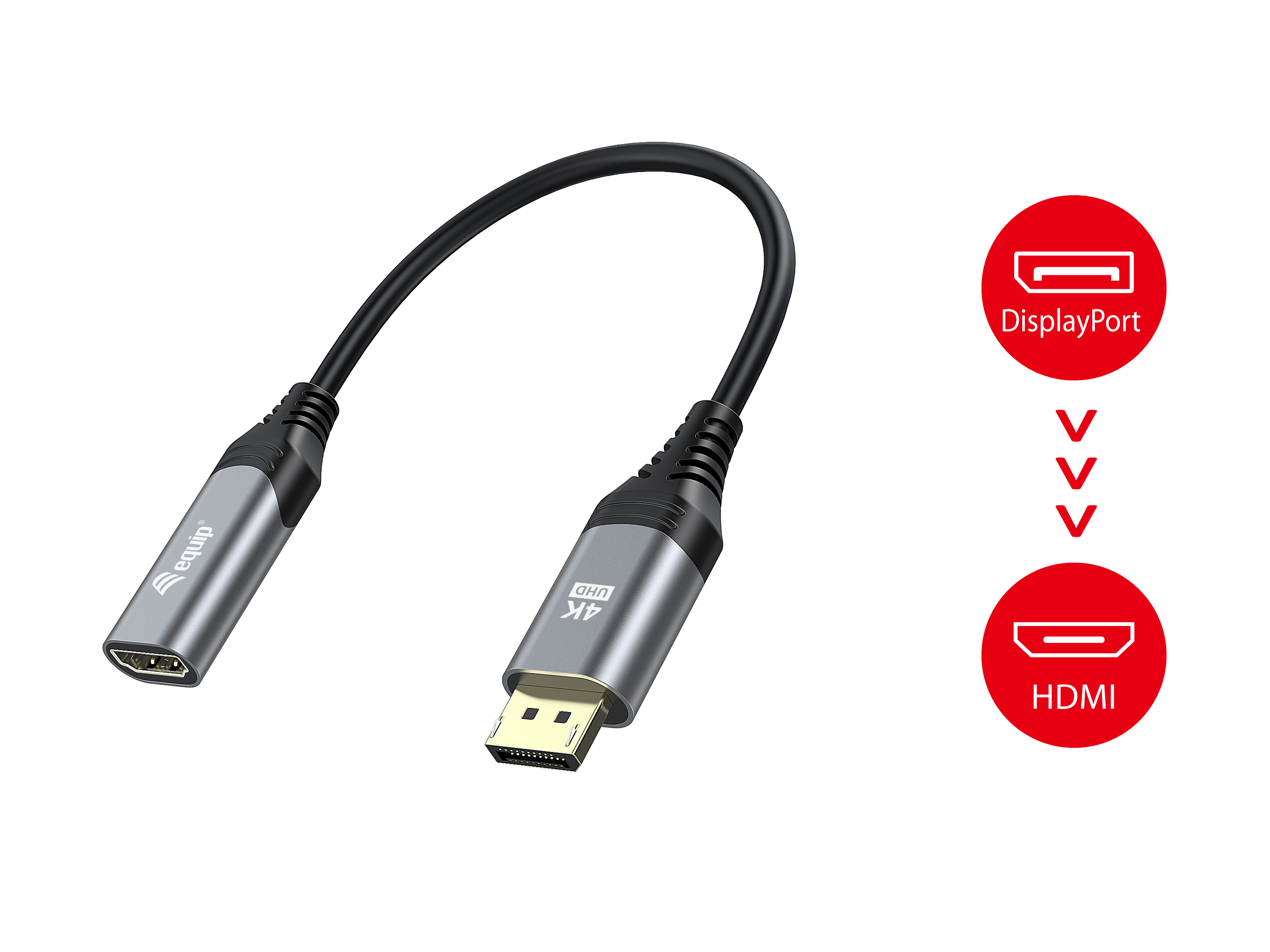 Czarny kabel z złączami HDMI i DisplayPort. Obraz pokazuje konwersję DisplayPort na HDMI.