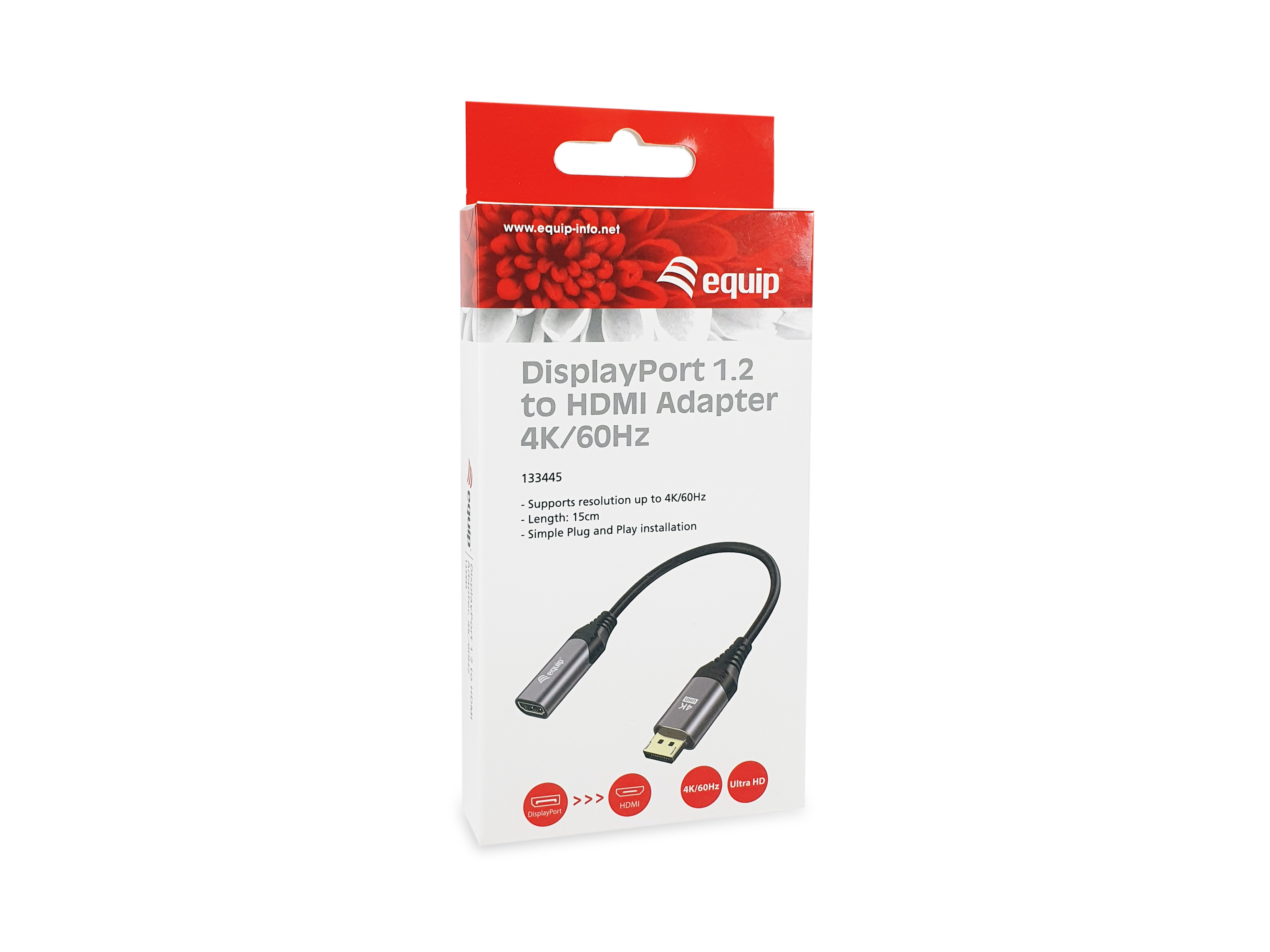 Pudełko z adapterem kablowym. Tekst: 'DisplayPort 1.2 to HDMI Adapter 4K/60Hz' i logo 'equip'.
