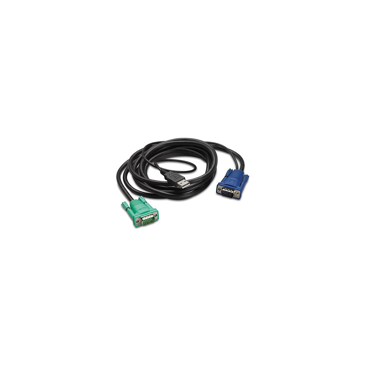 Un cavo VGA nero arrotolato con connettori verdi e blu. Sfondo bianco.