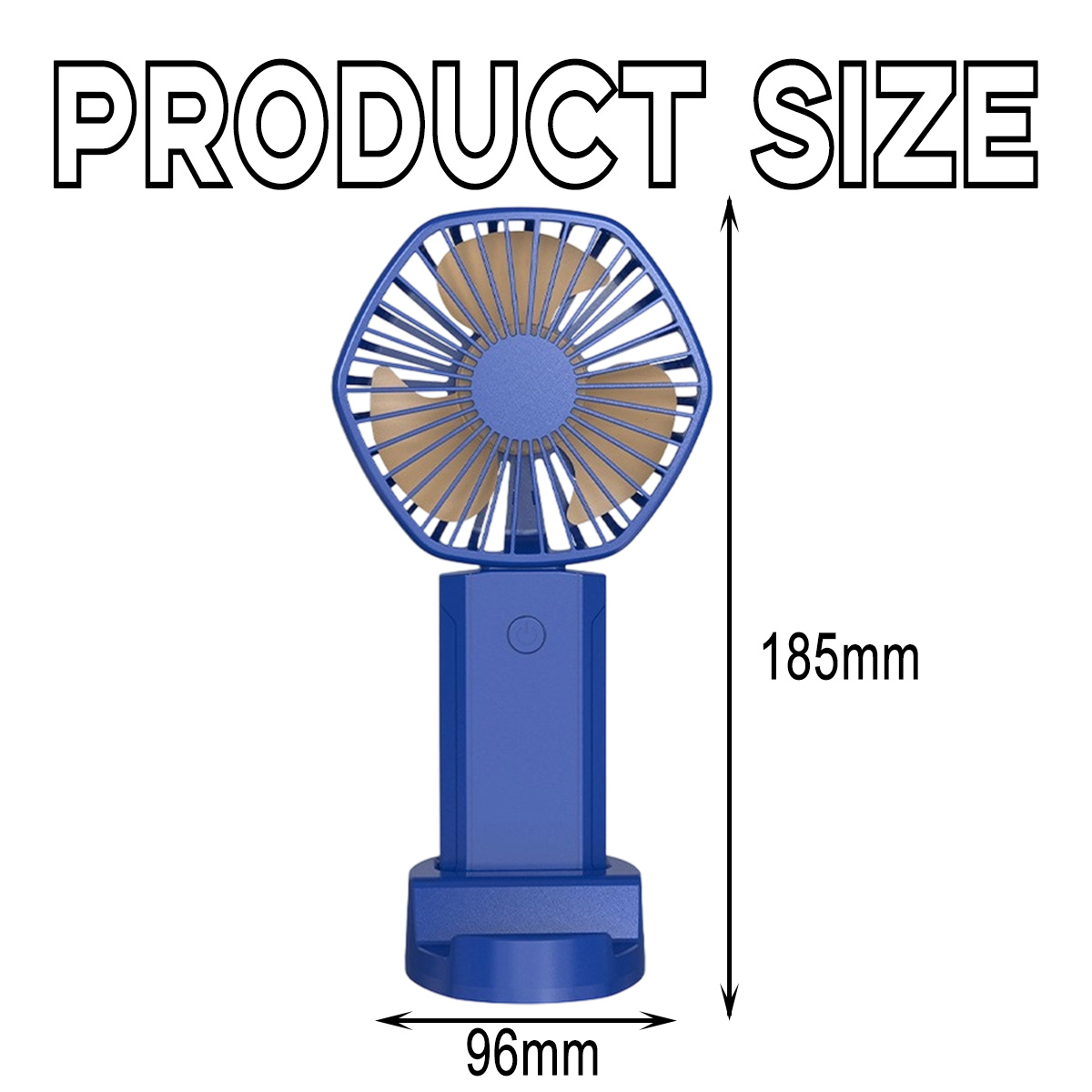 Ein blauer Handventilator mit blauem Sockel. Er hat einen kreisförmigen Ventilator und misst 185 mm.