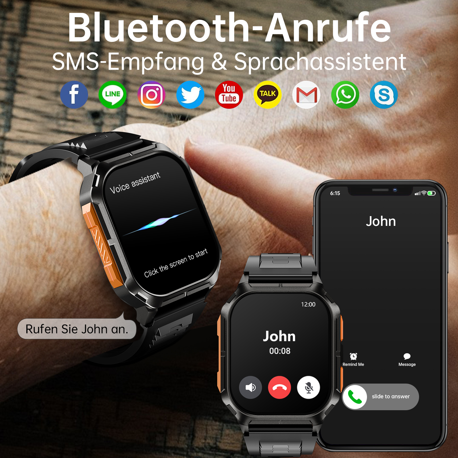Smartwatch mit Anruf von „John“ und App-Symbolen für Nachrichten und soziale Medien.
