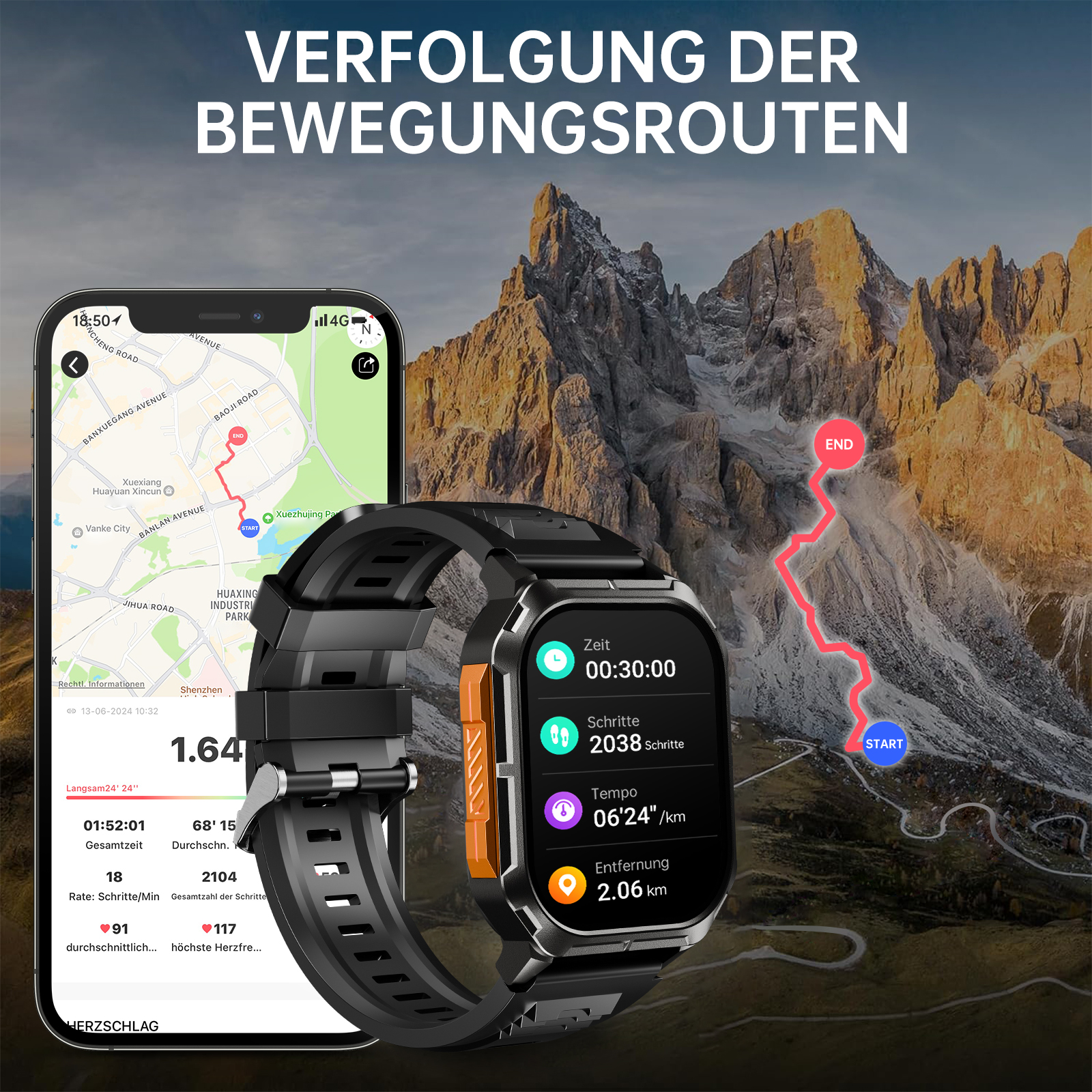 Smartwatch zeigt Laufstrecke, Zeit, Schritte und Distanz. Telefon zeigt Karte und Aktivitätsstatistiken.