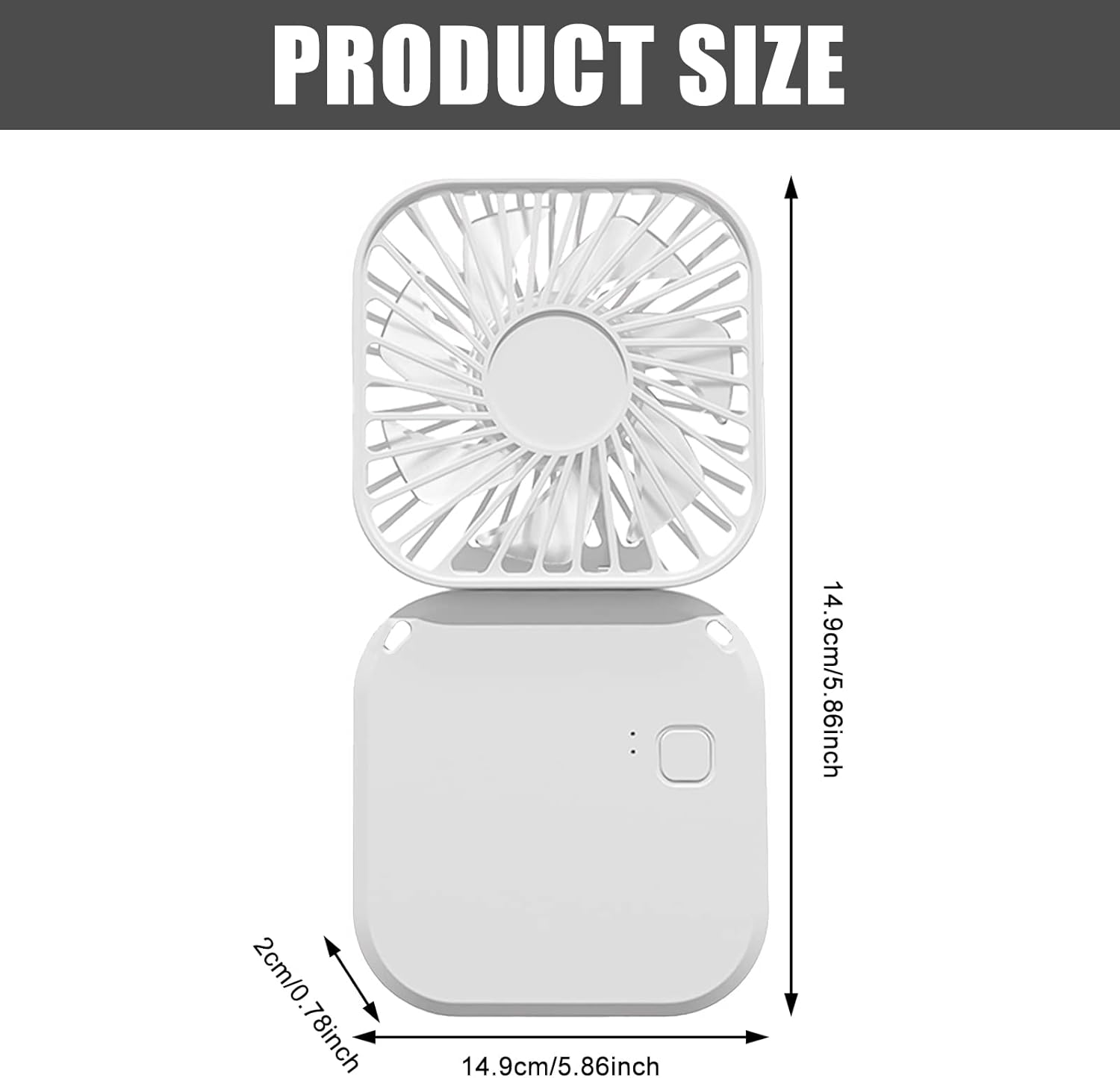 Weißer tragbarer Ventilator mit Abmessungen. Produktgröße ist 14,9 cm x 14,9 cm und 2 cm dick.