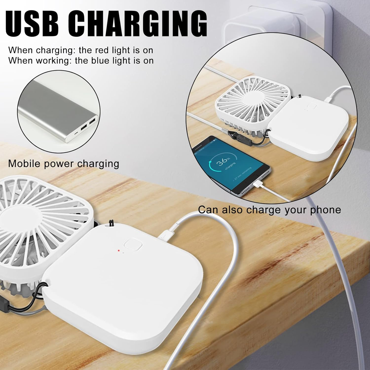 Mehrere Bilder zeigen einen tragbaren Ventilator und mobiles Laden. Weißer Ventilator und Powerbank auf Holz.