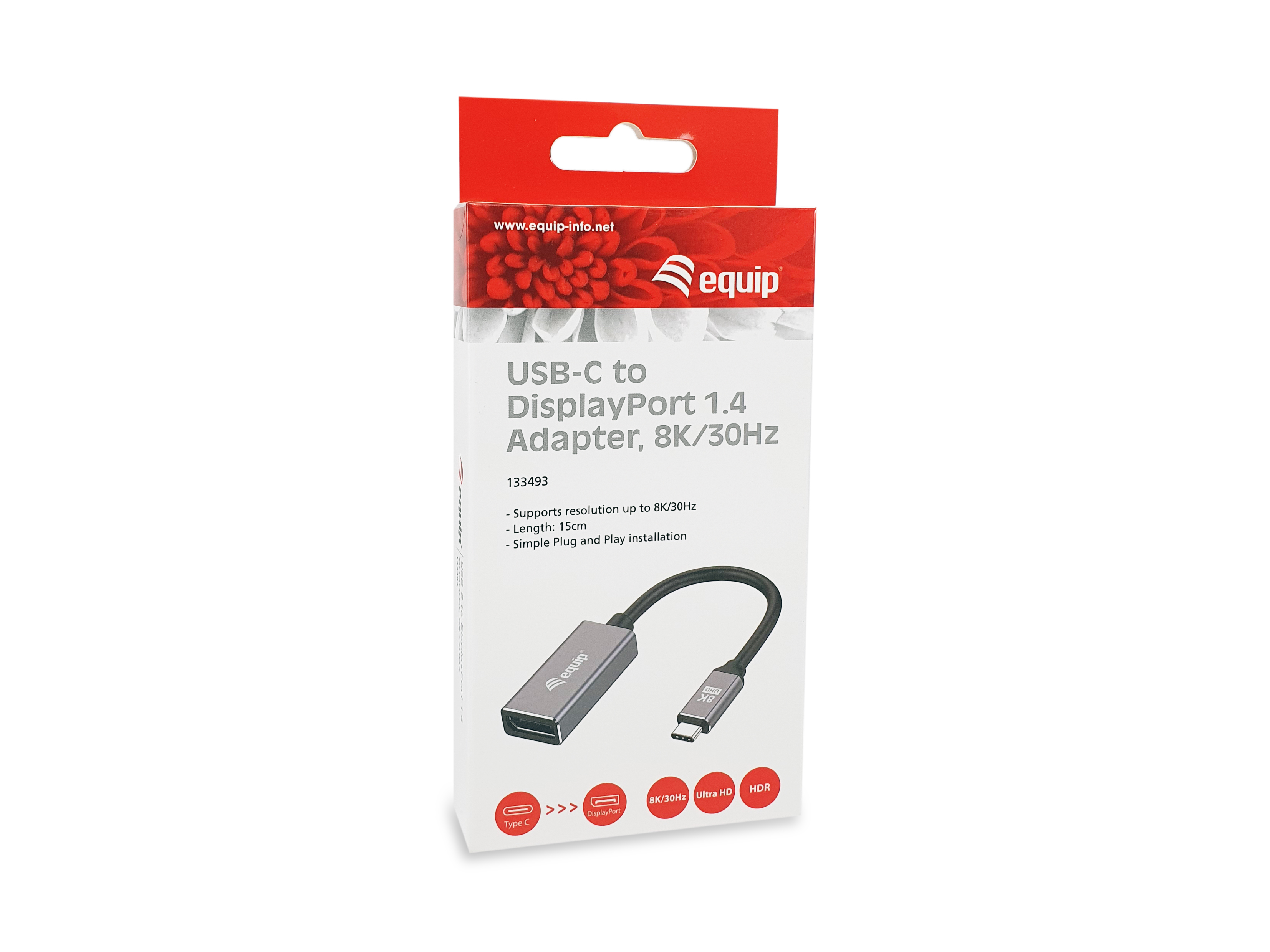 Adapter USB-C do DisplayPort w pudełku. Czarny kabel, czerwono-białe pudełko. Białe tło.