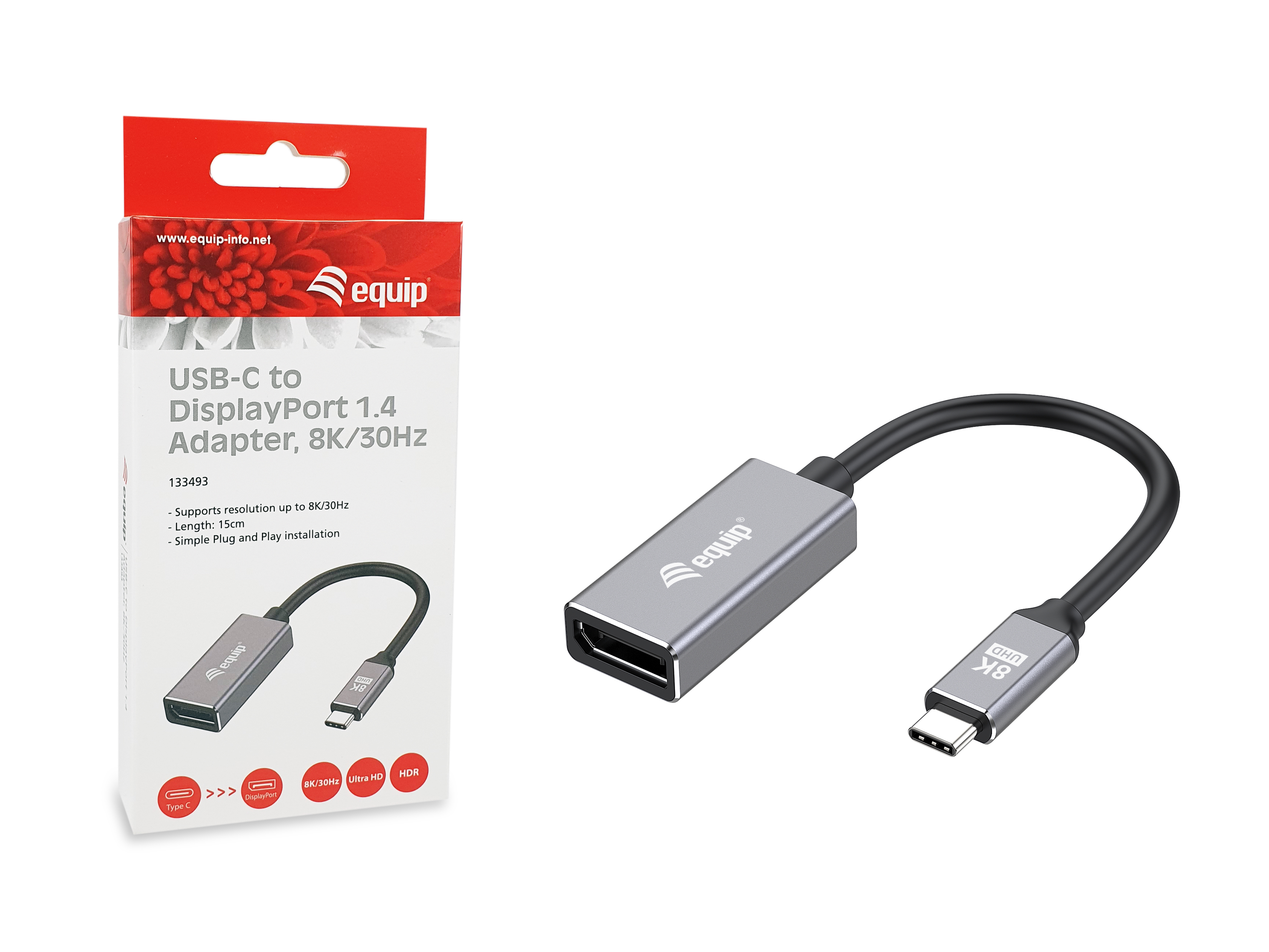 Adapter USB-C do DisplayPort w pudełku. Pudełko pokazuje adapter i jego funkcje.