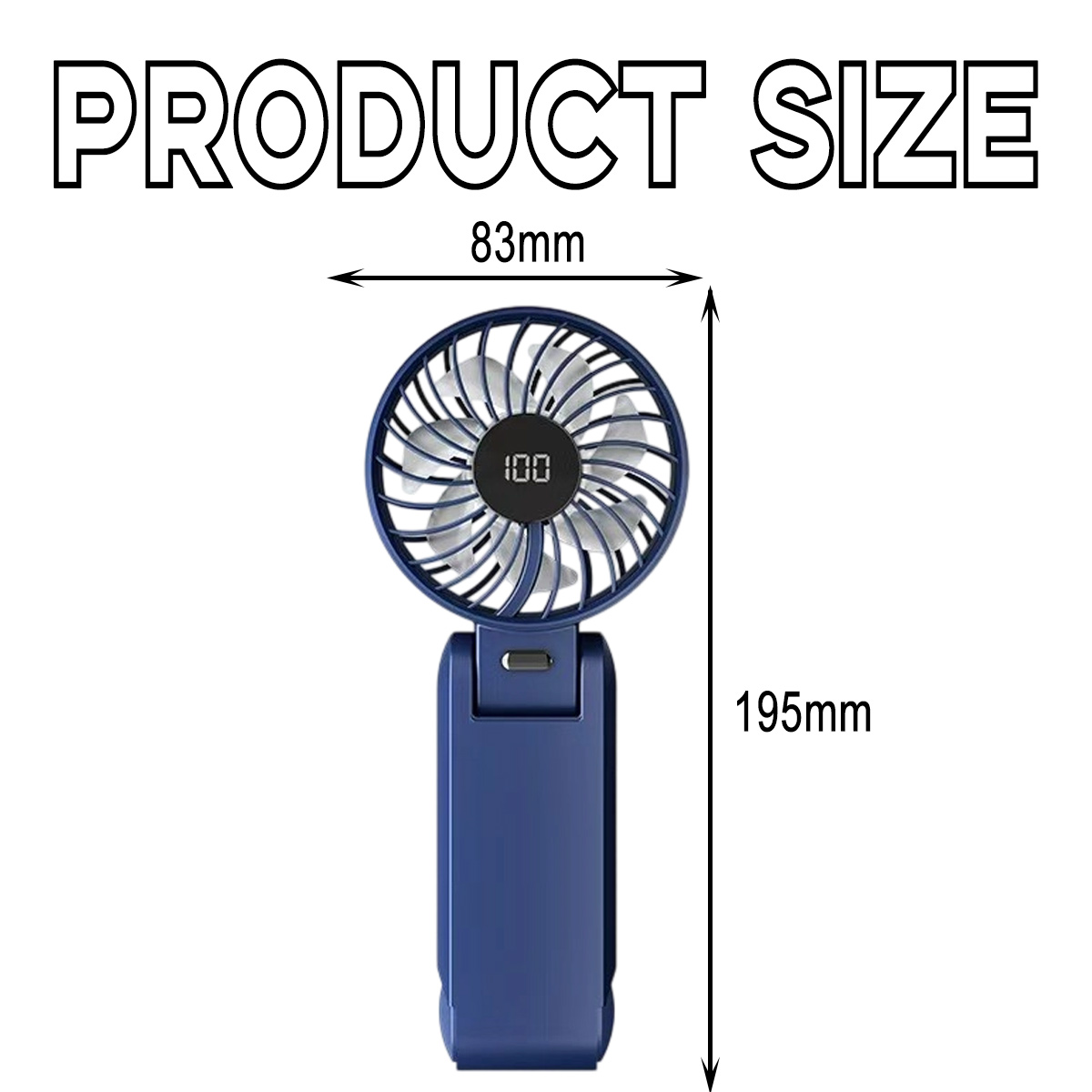 Ein dunkelblauer tragbarer Ventilator mit Maßangaben in mm und Zoll.