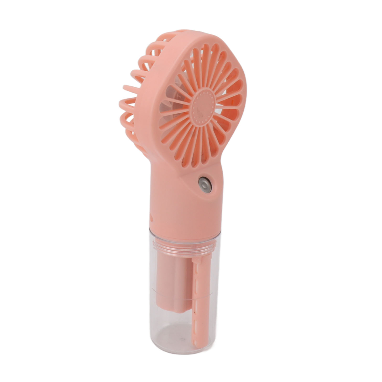 Handventilator in Rosa mit transparentem Wasserbehälter und Düse zum Vernebeln.