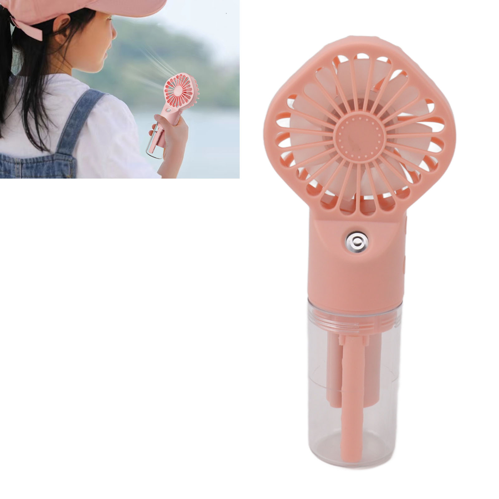 Ein rosa Handventilator und eine Frau, die im Hintergrund einen ähnlichen Ventilator hält. Hat Wassertank.