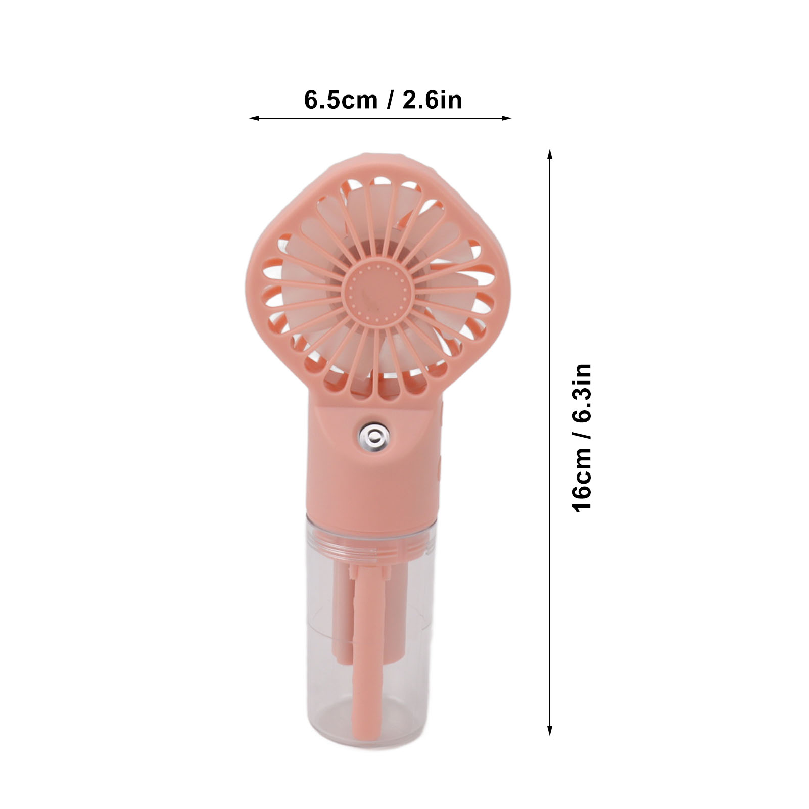 Rosa Handventilator mit Maßen: 6,5 cm/2,6 Zoll breit, 16 cm/6,3 Zoll hoch. Wasserreservoir.