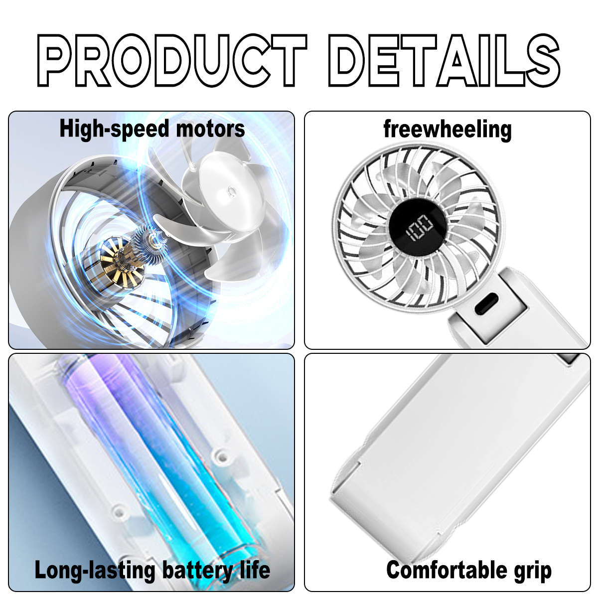 Produktdetails mit Bildern von Hochgeschwindigkeitsmotoren, Freilauf, Akkulaufzeit und komfortablem Griff.