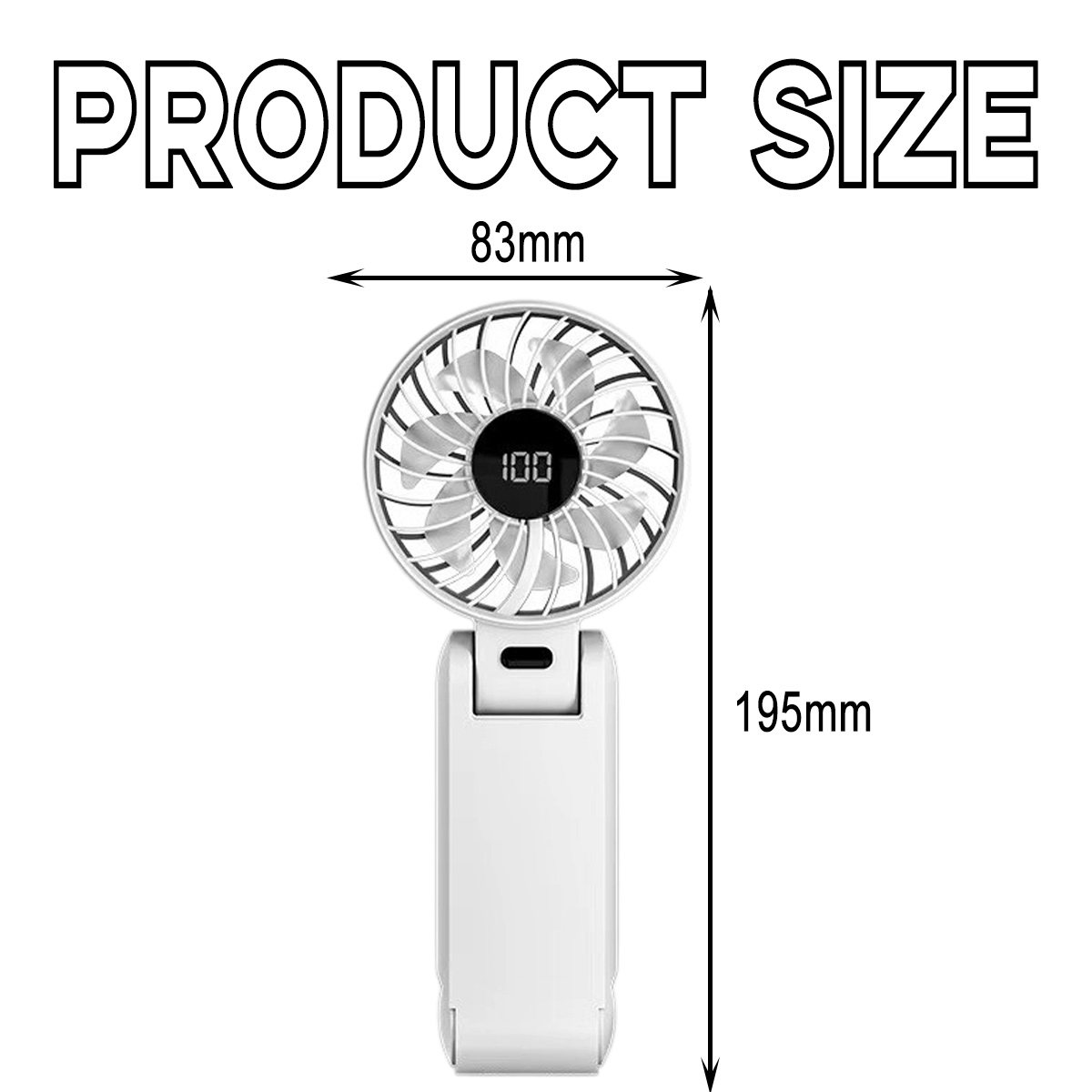 Ein weißer tragbarer Ventilator mit Produktgrößenangaben: 83 mm breit, 195 mm hoch.