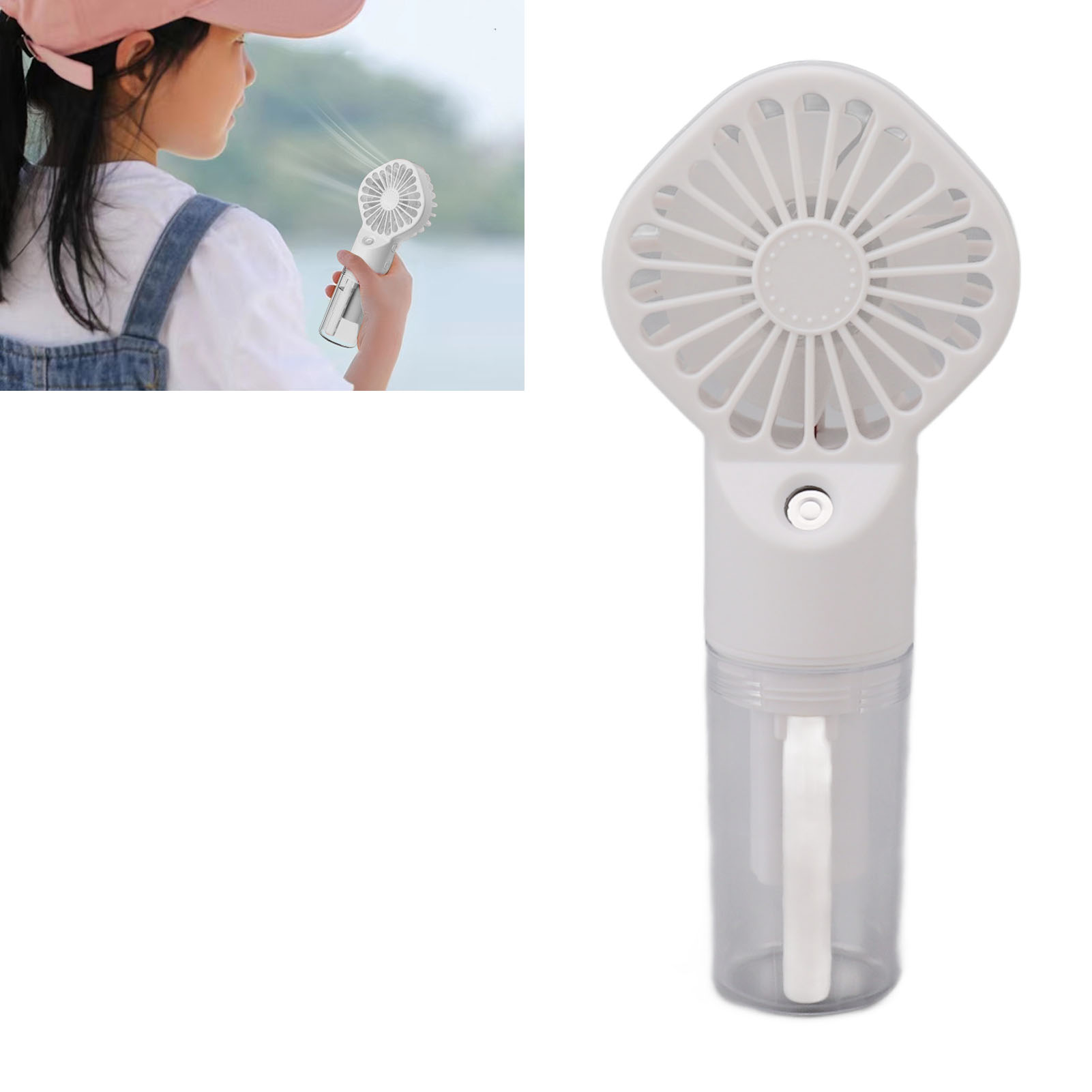 Ein Mädchen hält einen weißen, tragbaren Ventilator, mit verschwommenem Hintergrund eines Strandes.