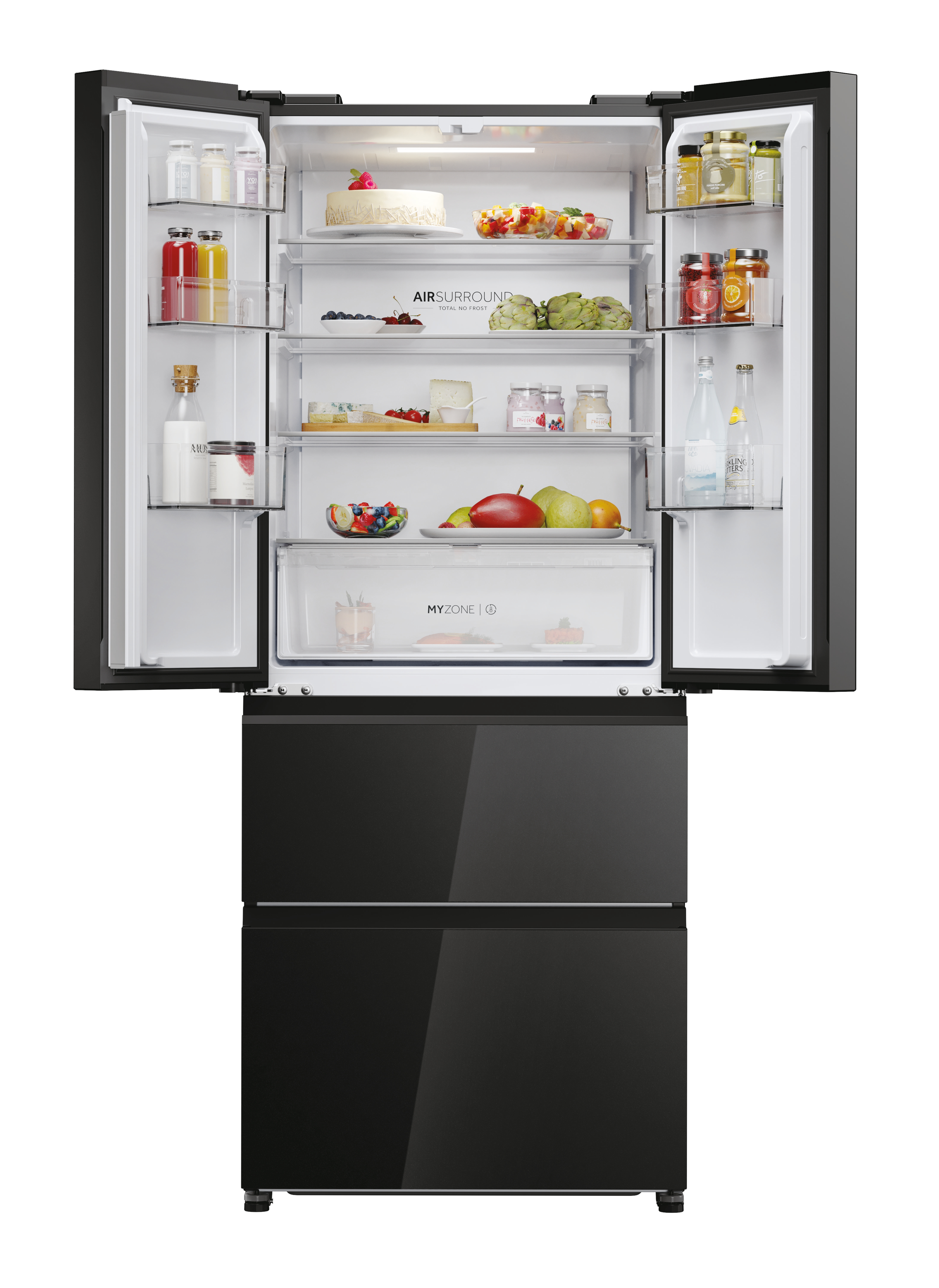 Schwarzer offener Kühlschrank mit Essen. Regale mit Obst, Getränken und Kuchen. Französische Tür.