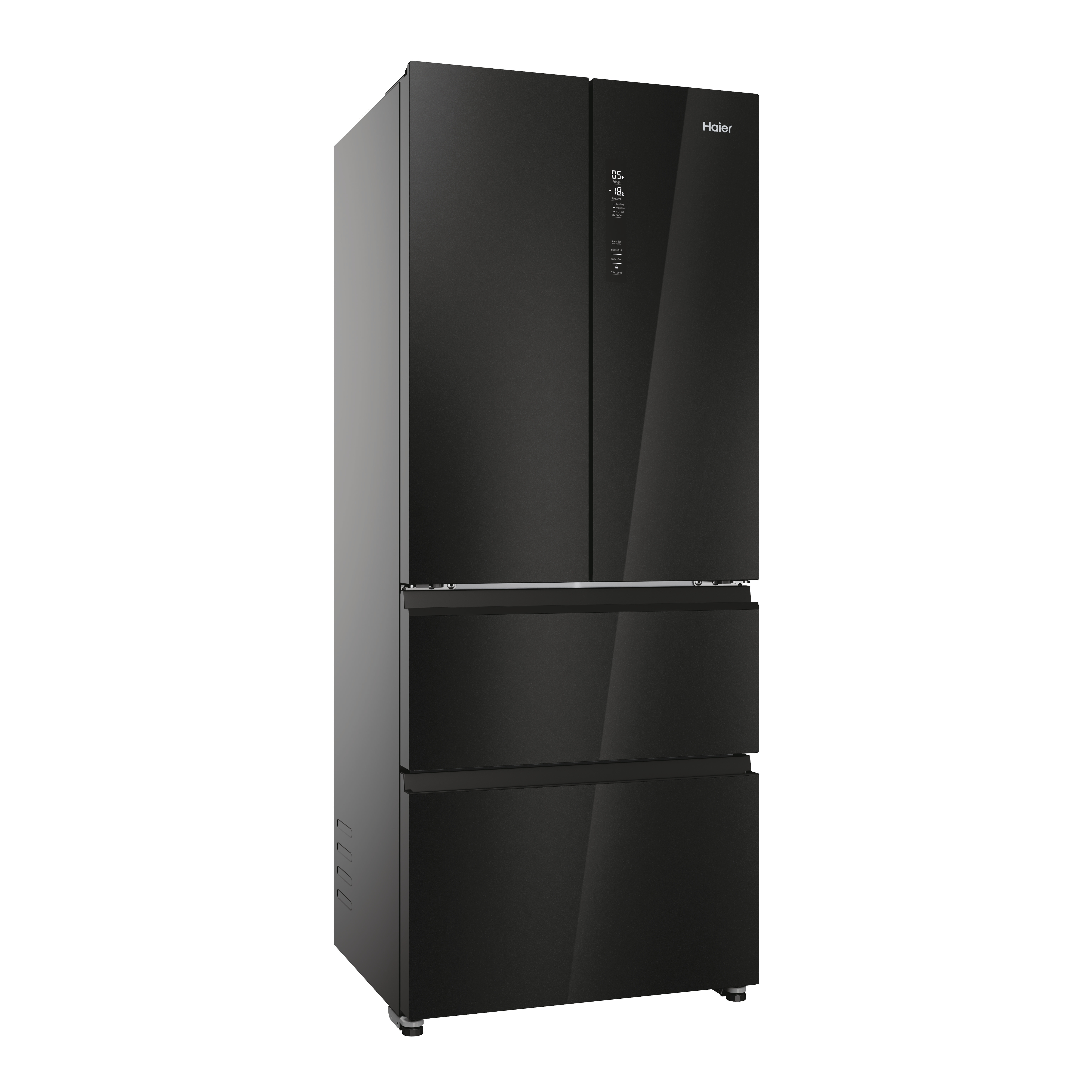 Ein schwarzer Haier-Kühlschrank mit vier Türen und zwei unteren Schubladen, auf weißem Hintergrund.