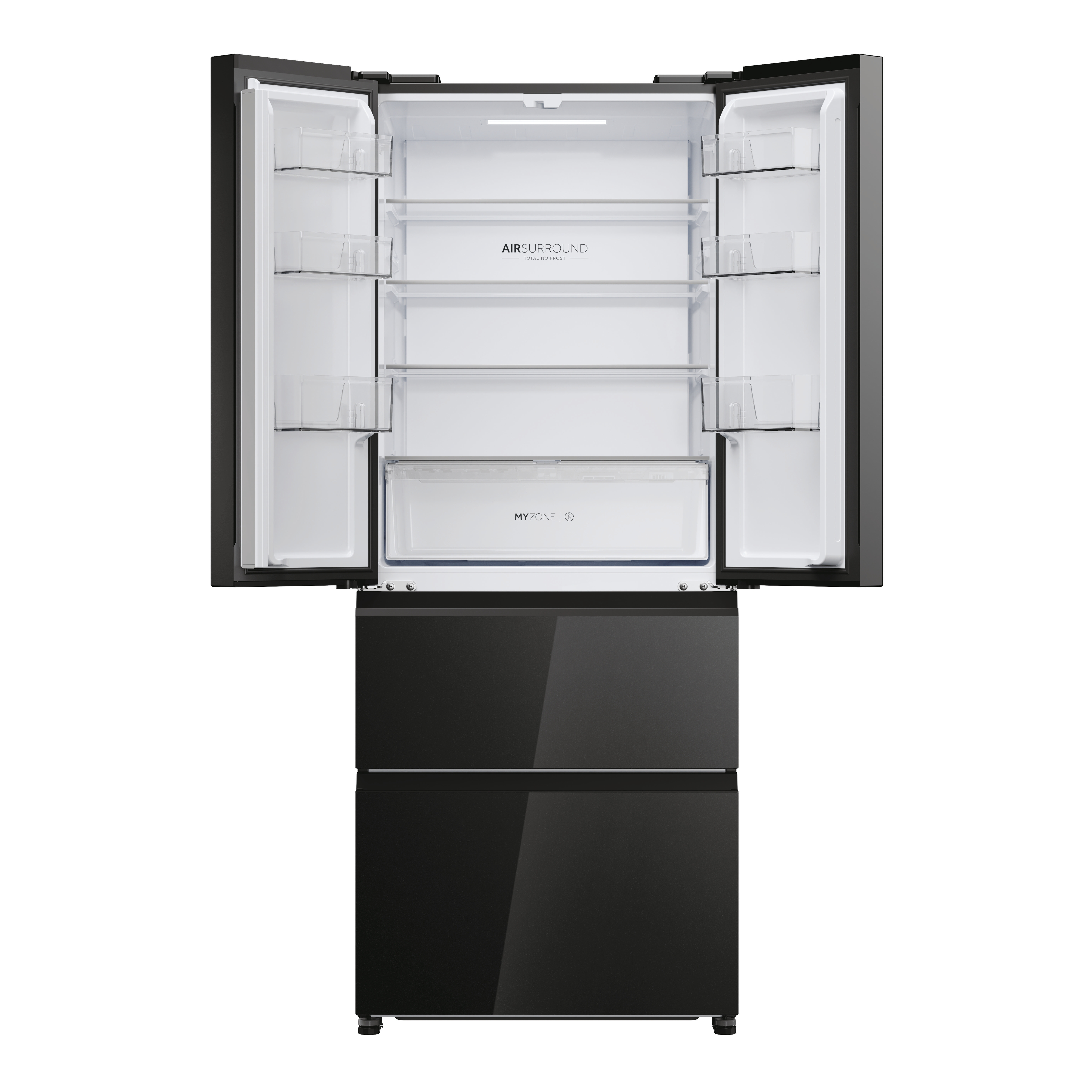 Schwarzer Kühlschrank mit offenen Türen, Regalen und Schubladen. Leer, sauber und modernes Design.