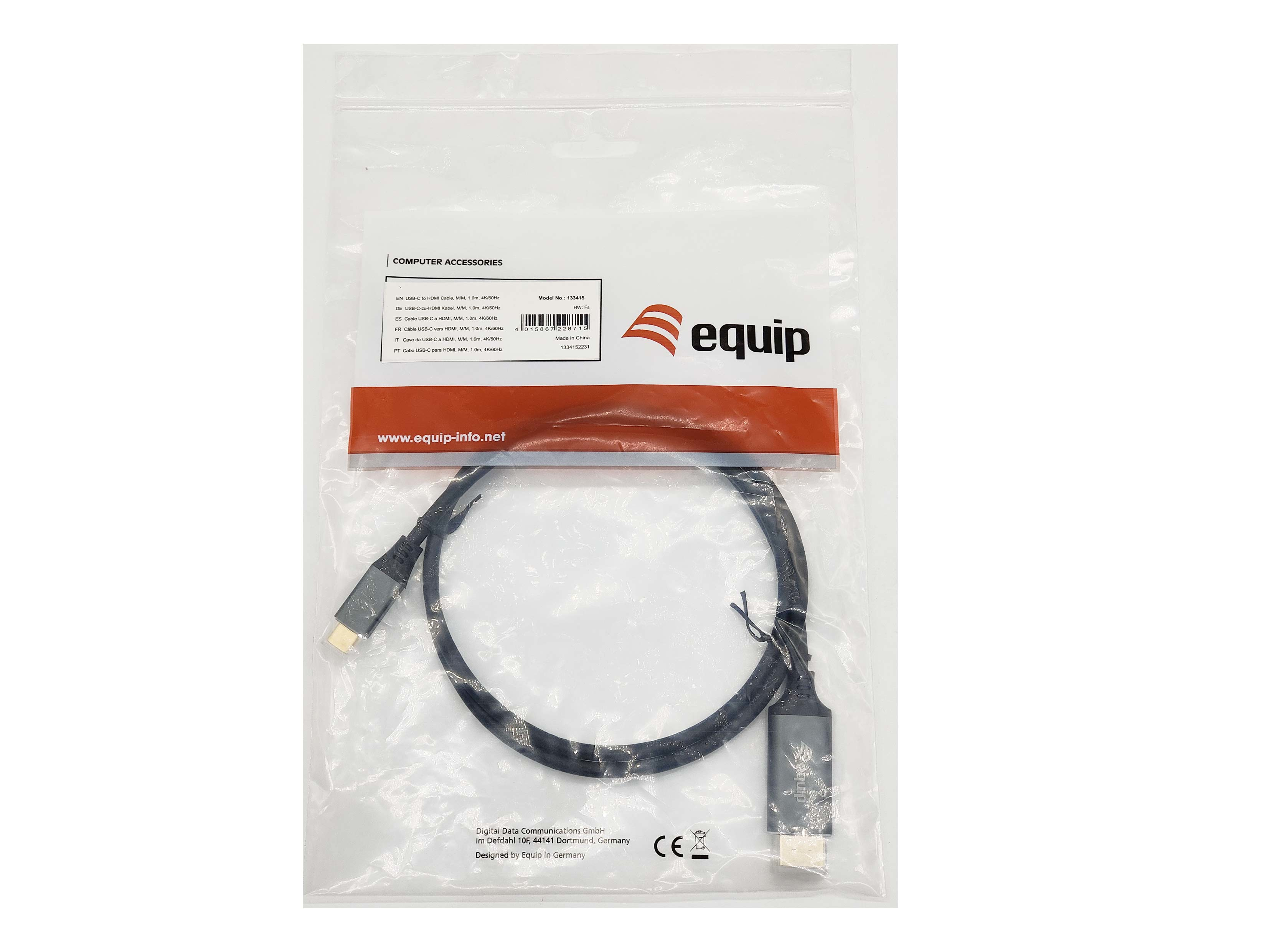 Una bolsa de plástico con un cable dentro, con el logotipo de Equip e información.