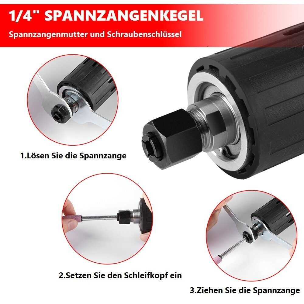 Nahaufnahme eines Rotationswerkzeugs mit den Schritten zum Anbringen von Zubehör mit Schraubenschlüsseln.