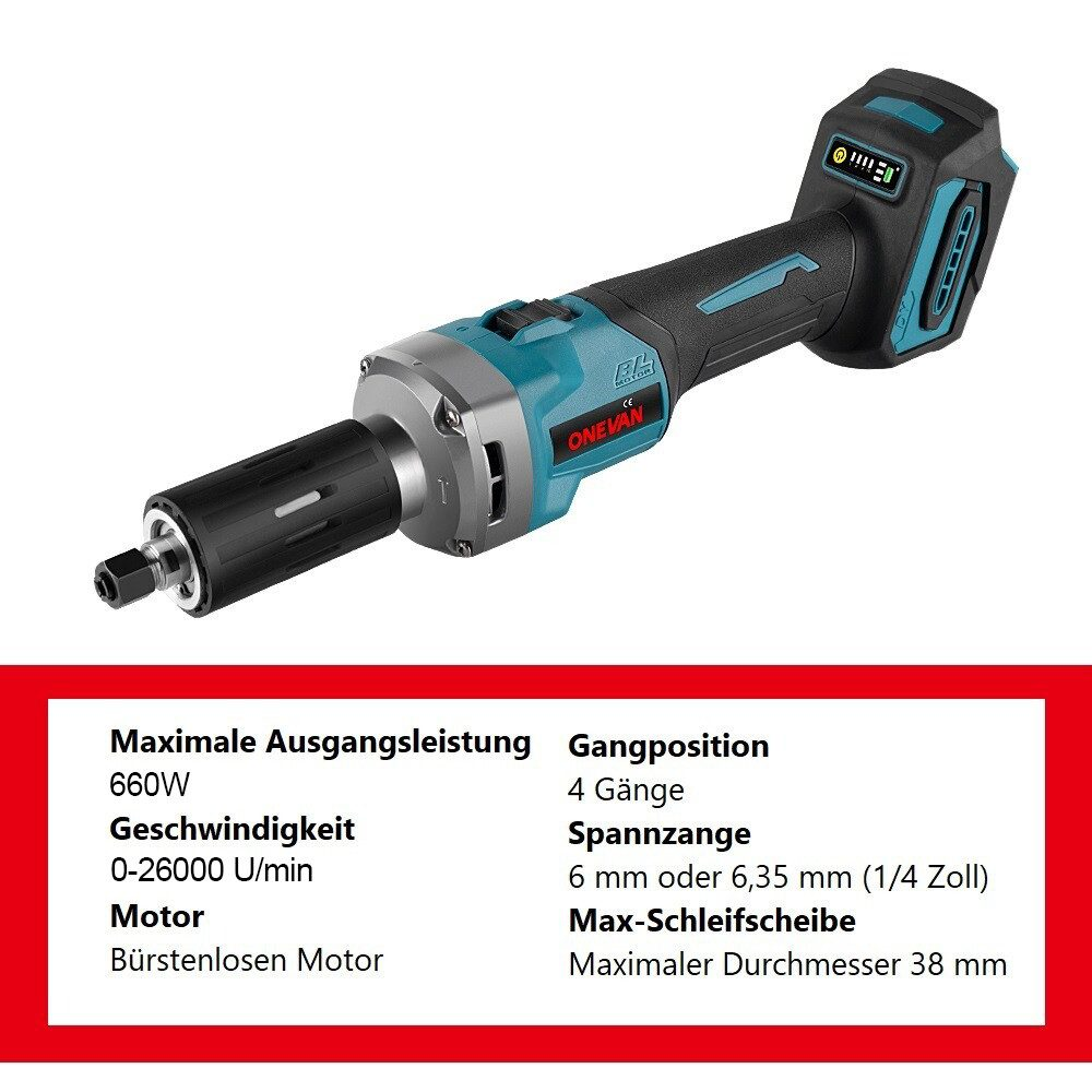 Ein blaues und schwarzes Elektrowerkzeug mit Textbeschriftungen.