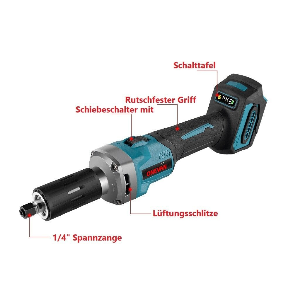 Ein türkis-schwarzes Elektrowerkzeug mit beschrifteten Komponenten auf weißem Hintergrund.