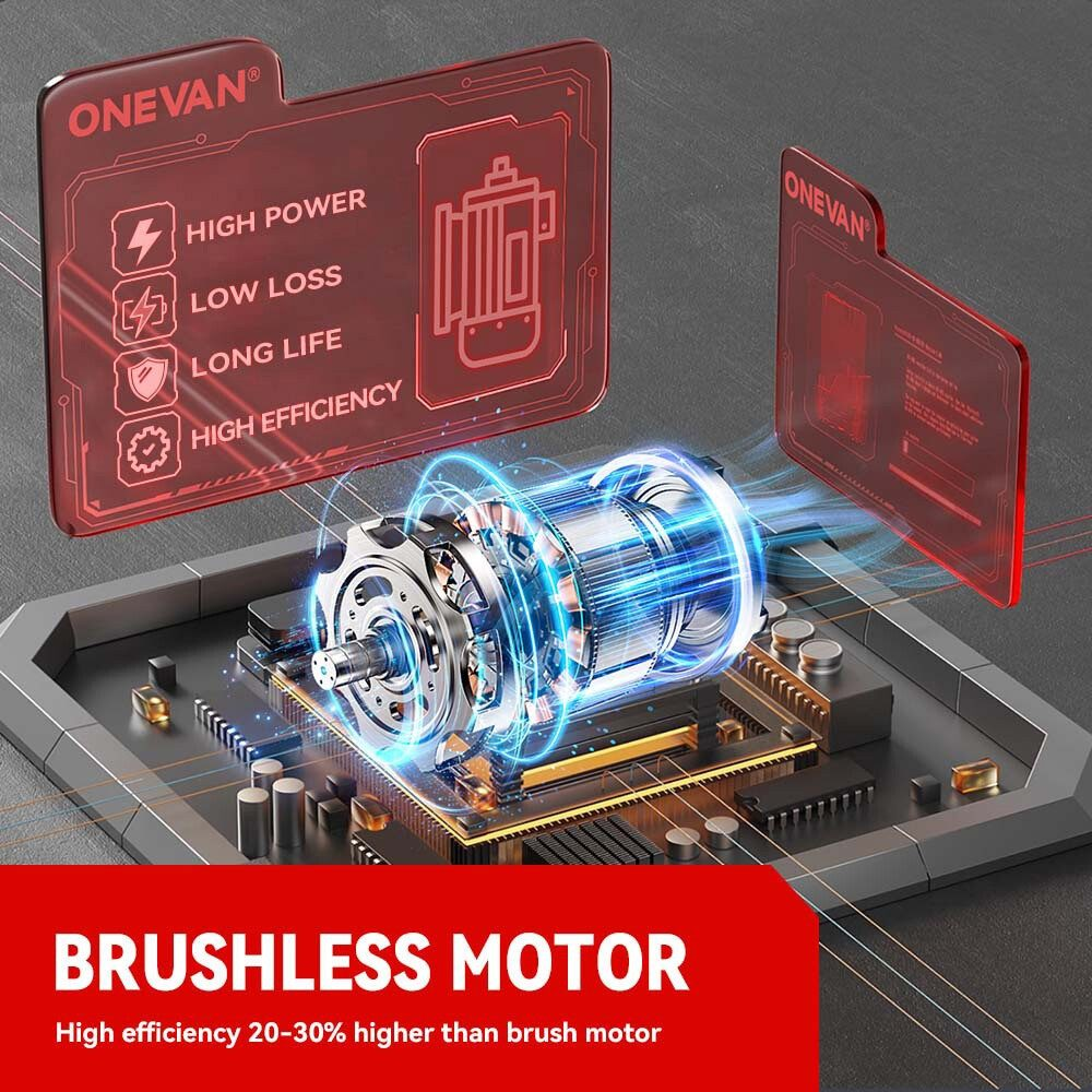 Nahaufnahme eines Motors mit blauem Leuchten, umgeben von roten Grafiktafeln mit Text.