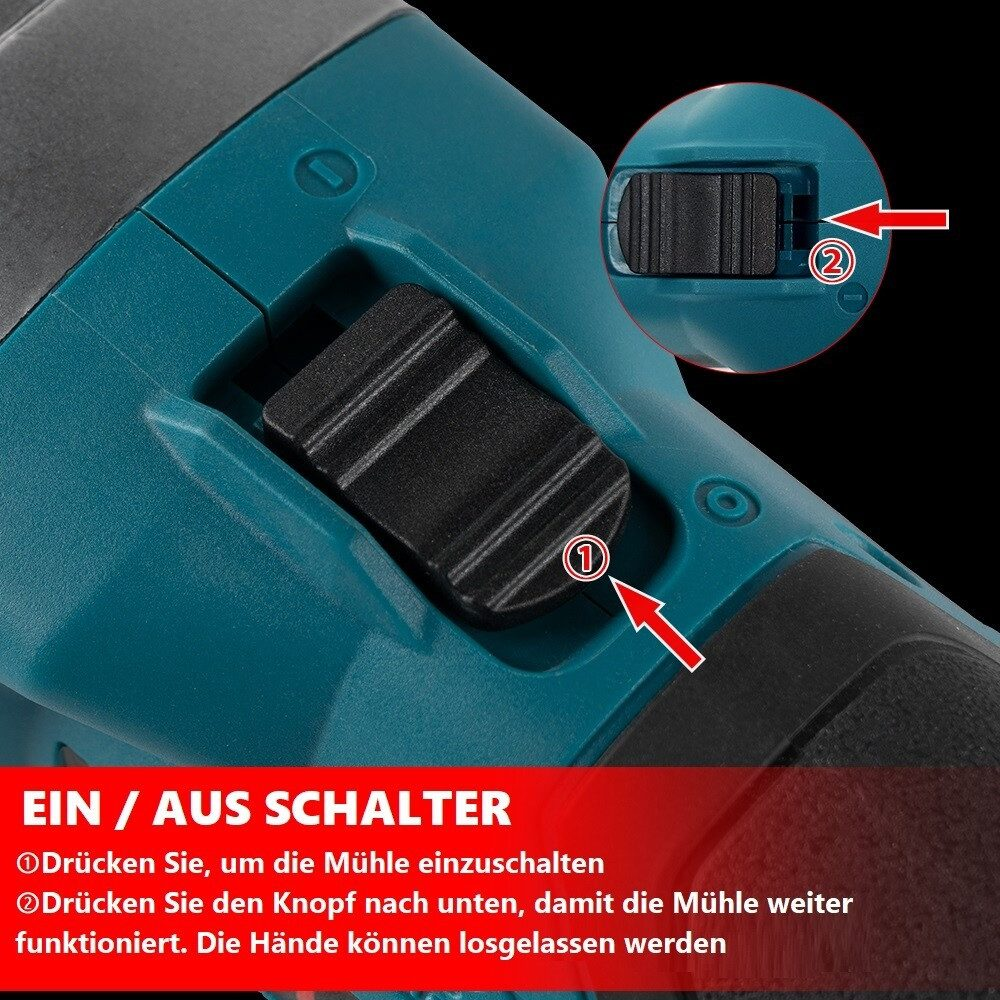 Nahaufnahme des Ein-/Ausschalters eines Winkelschleifers. Zeigt die Ein/Aus-Funktionalität.