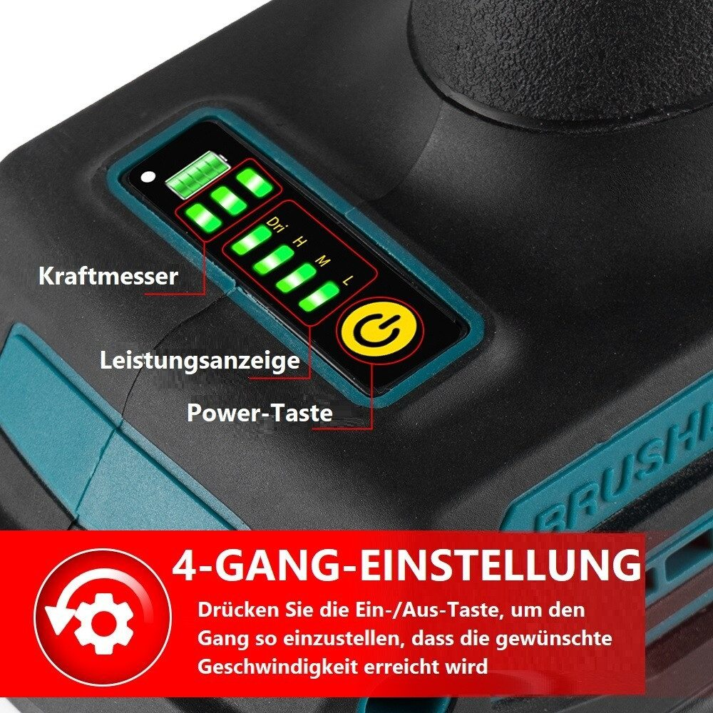 Nahaufnahme der Leistungsanzeige eines Winkelschleifers. Zeigt Leistung und Geschwindigkeitseinstellungen.