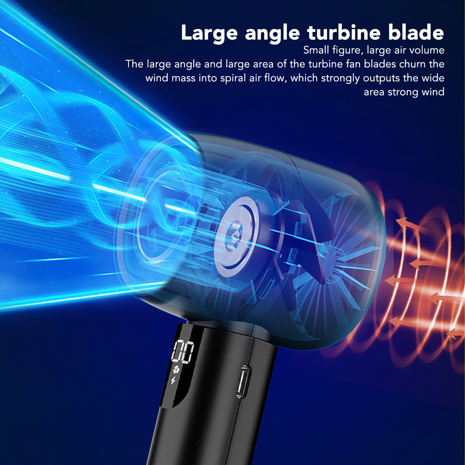 Ein schwarzer Ventilator mit blauem Lichteffekt, der den Luftstrom zeigt und ein digitales Display.