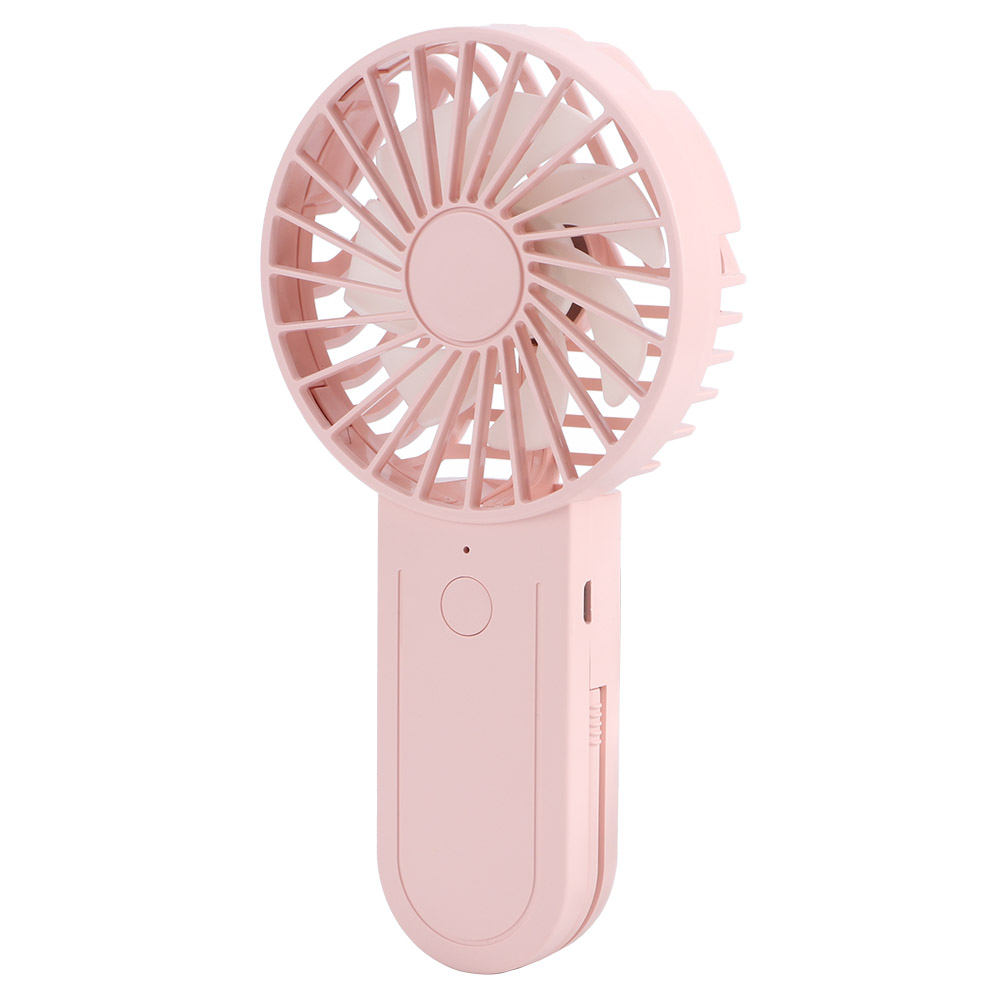 Rosa tragbarer Ventilator mit Knopf und Blättern. Auf weißer Oberfläche.
