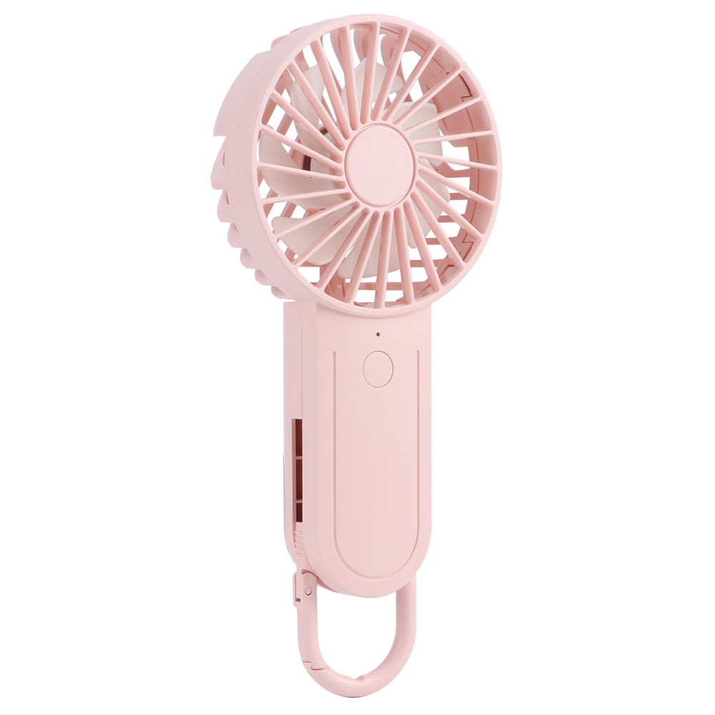 Ein rosa Handventilator mit Griff, einem Ventilatorkopf mit Flügeln und einem Ring zum Tragen.