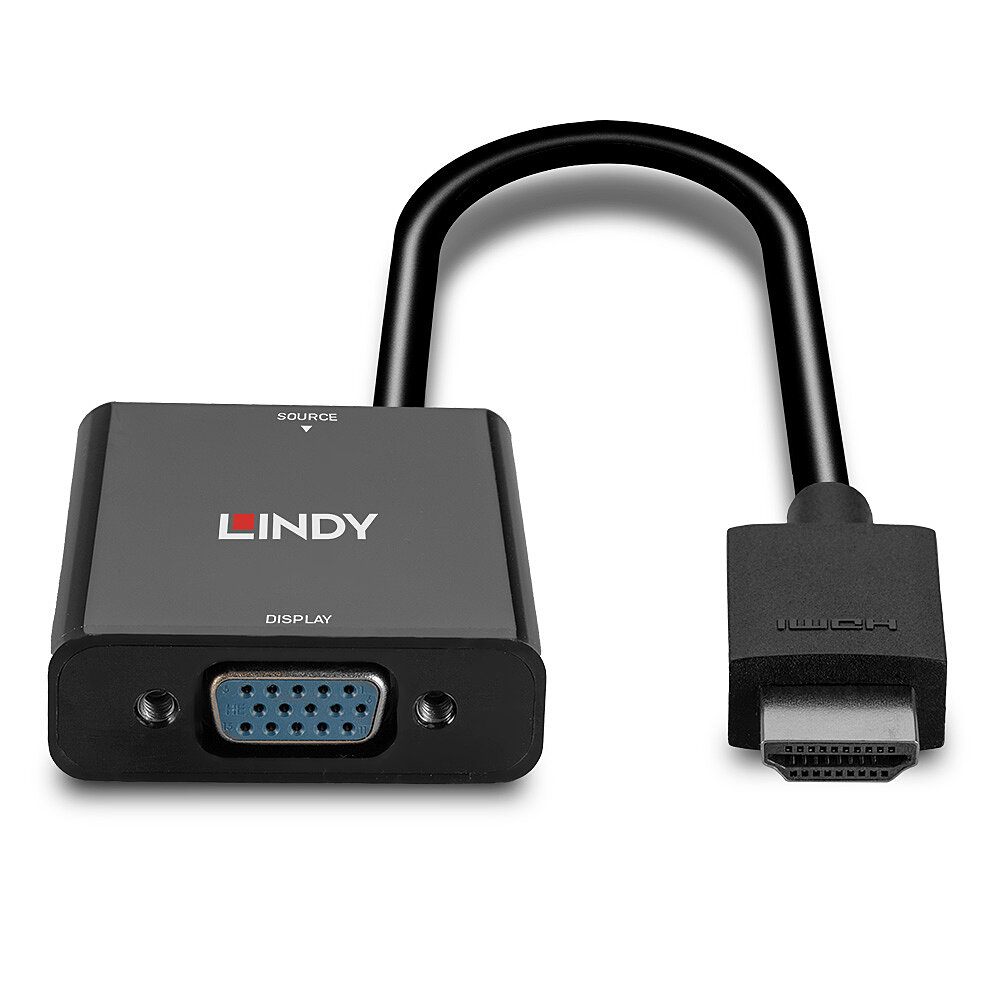Czarny kabel adaptera ze złączem VGA i HDMI. Marka LINDY jest nadrukowana na kablu.