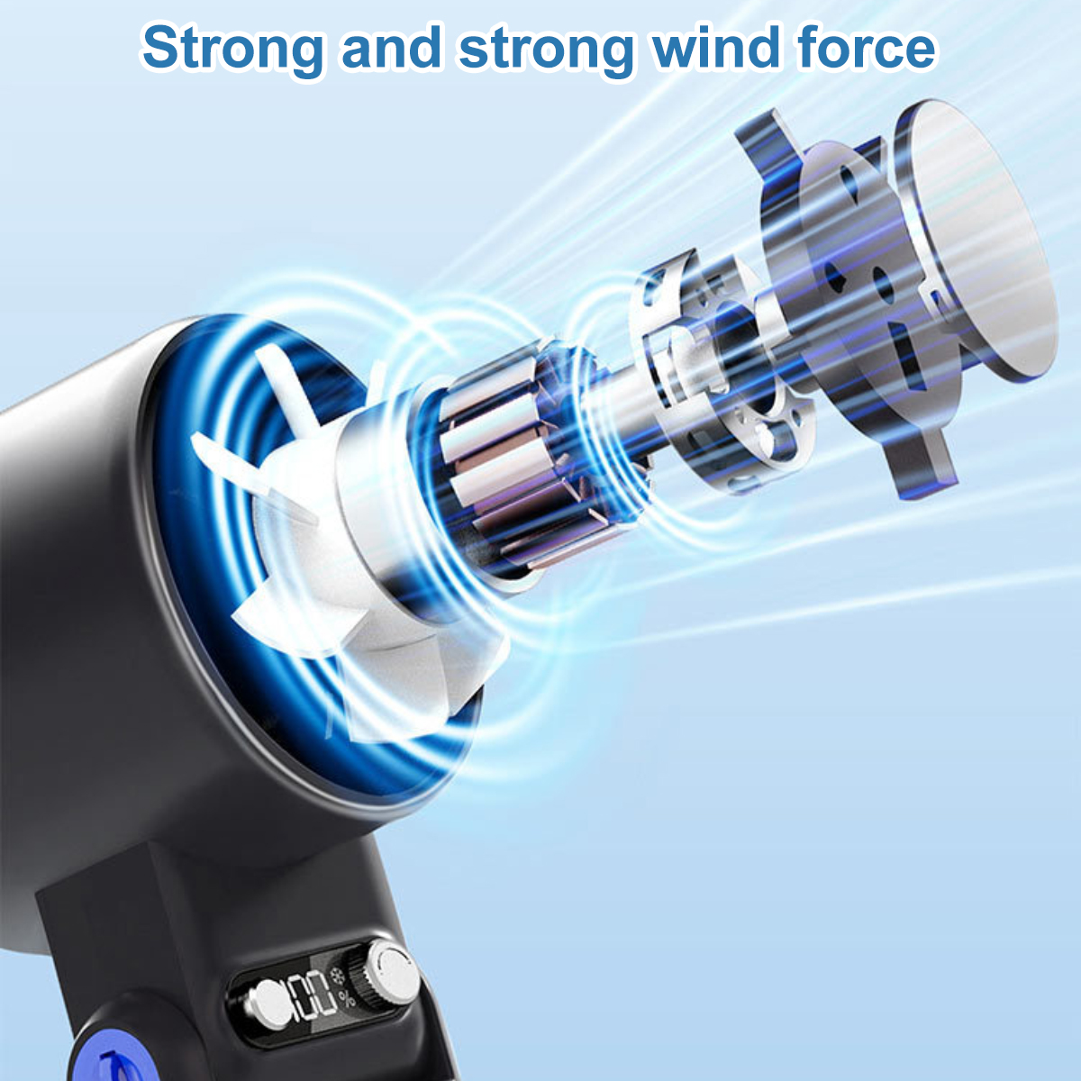 Nahaufnahme eines Ventilators mit freiliegenden Innenkomponenten. Der Lüfter ist schwarz und blau.